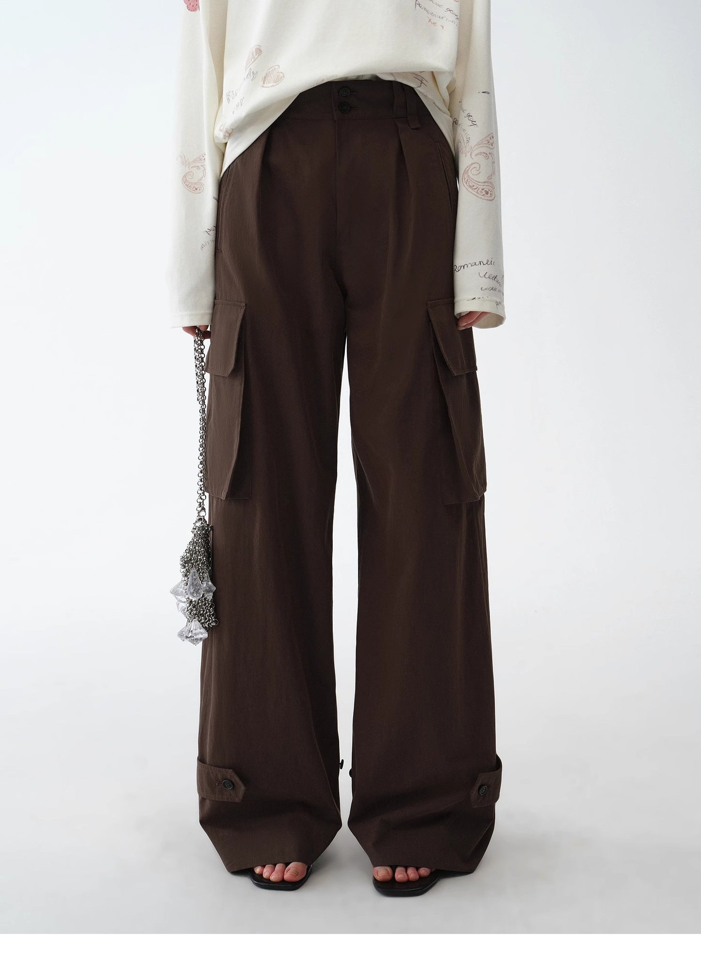 "Leisure First" Personalized three-dimensional large patch pocket straight wide-leg work trousers