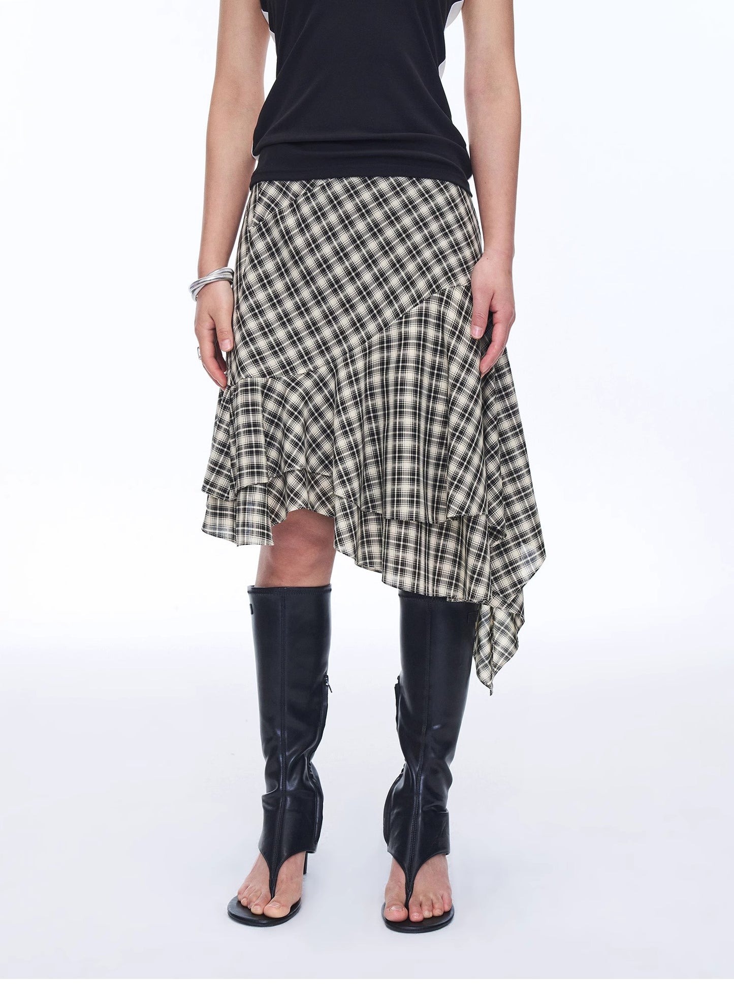 "Full-level ballet" Tencel acetate plaid irregular A-line skirt