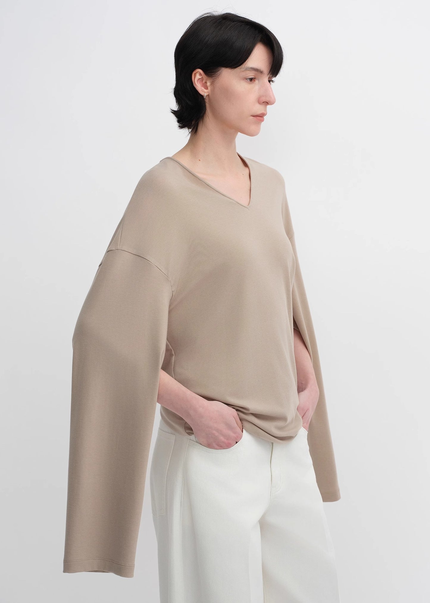 Machine washable Tencel wool V-neck two-wear elastic hem T-shirt bottoming shirt