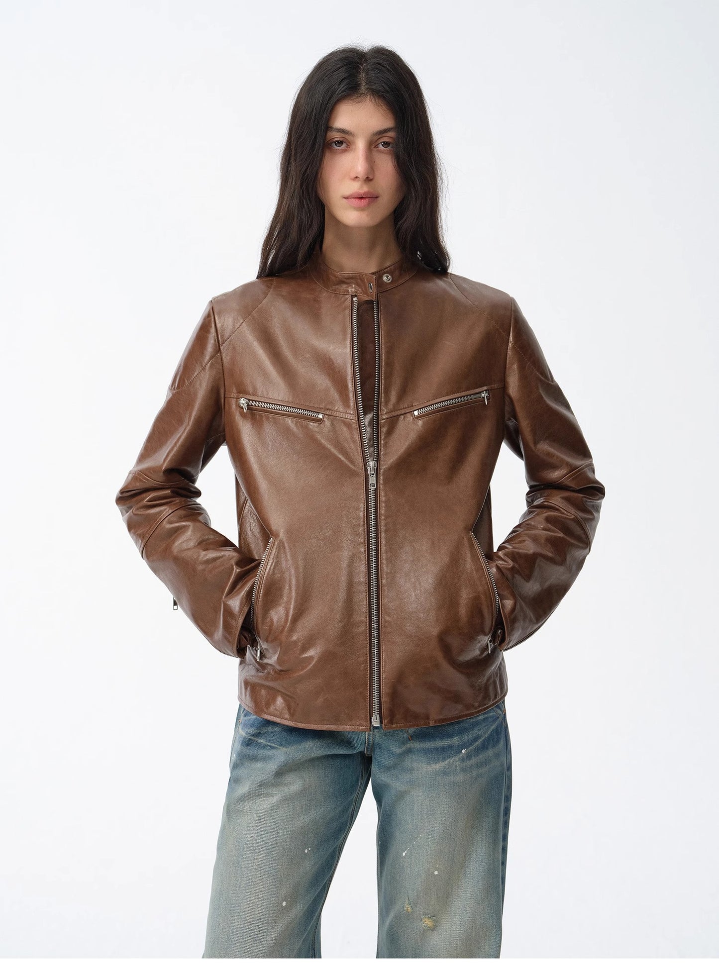 "Manhattan Dark Night" New Zealand imported waxed sheepskin/cowhide vintage motorcycle leather jacket