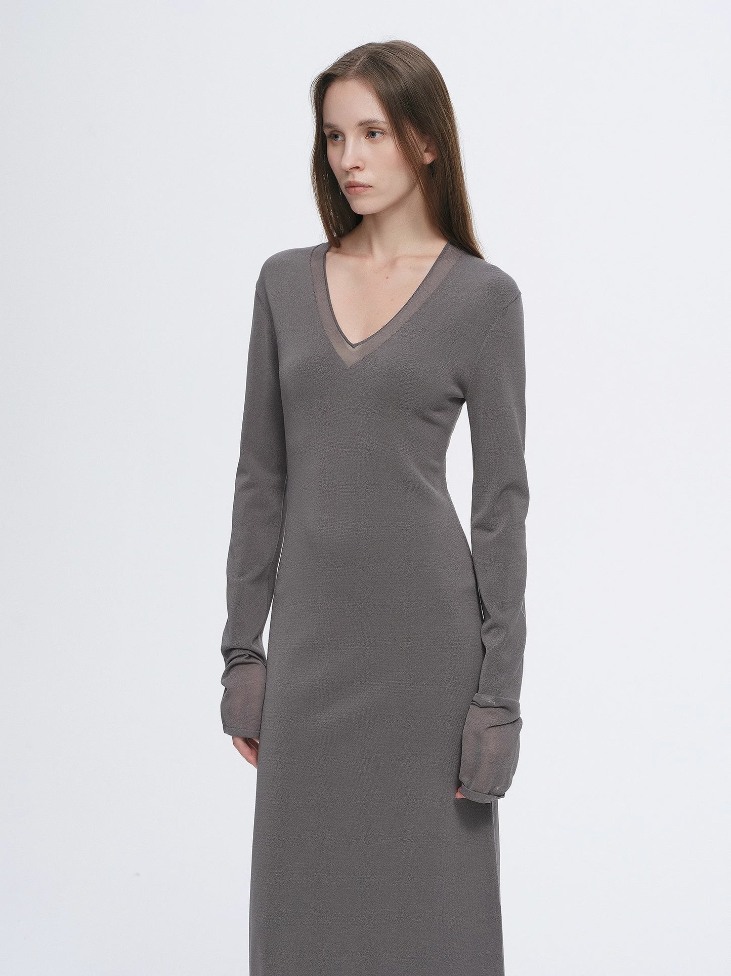 Elegant and intellectual triacetate Tencel blended skin-friendly transparent splicing design V-neck dress