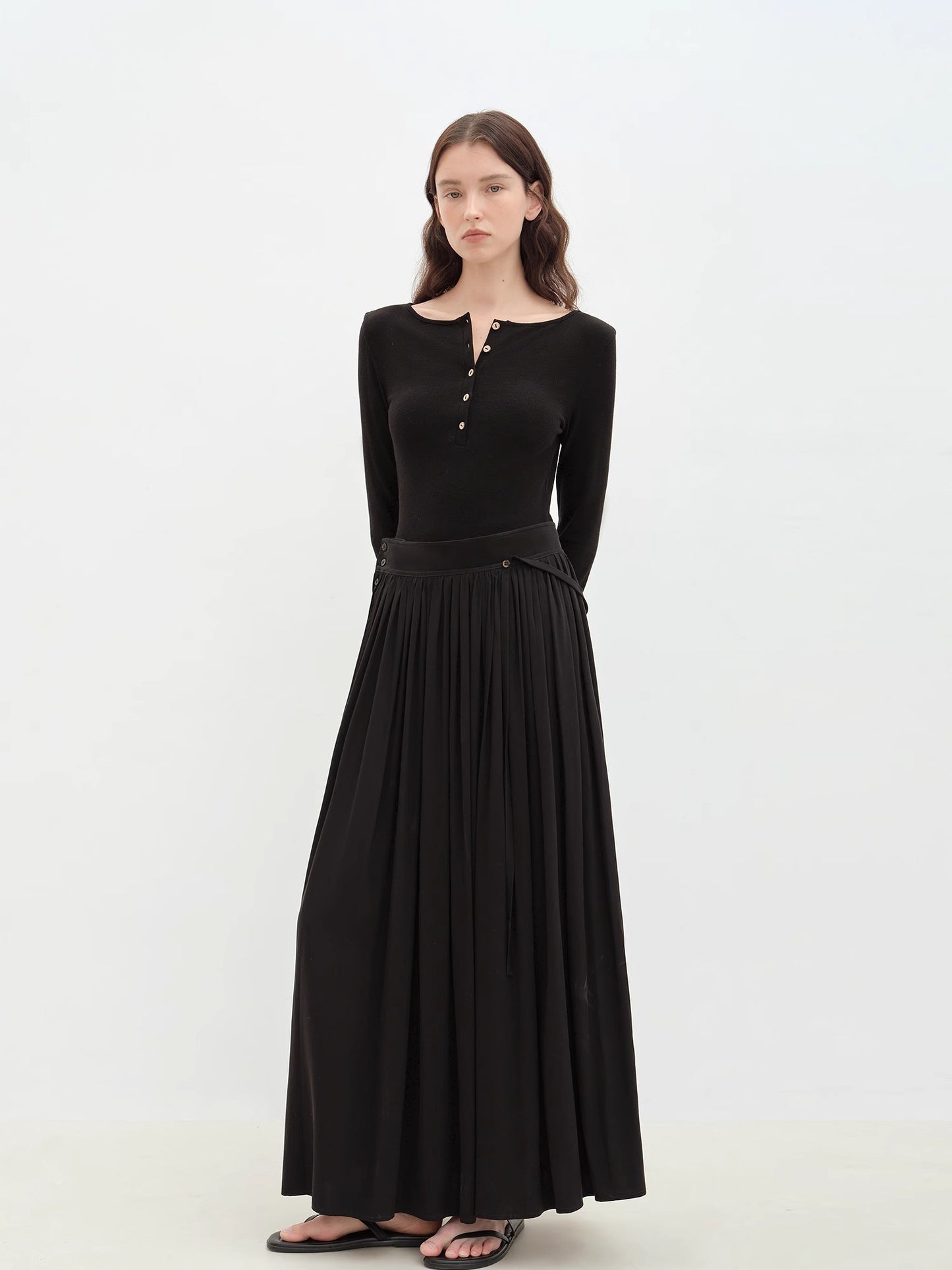 "Floating Lights on the Sea" Adjustable Waist Pleated Straight Dress