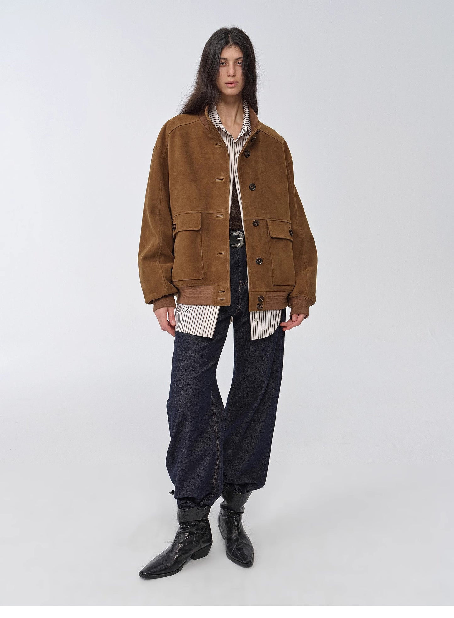 "Spring Whisper" Vintage imported suede sheepskin leather ribbed patchwork jacket