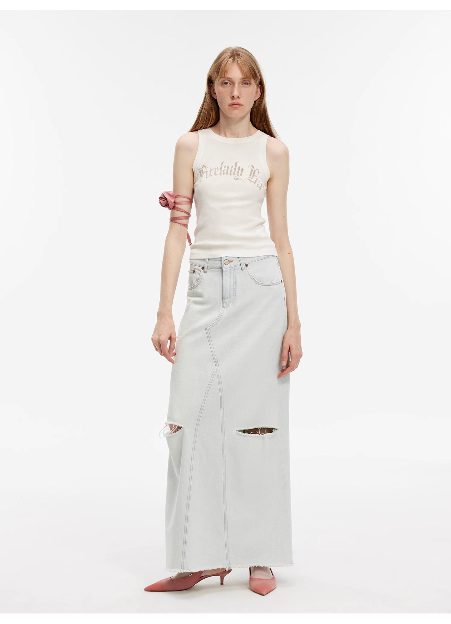 "Walden Pond" Turkish Imported Wash-faded Distressed Hole Denim A-line Skirt