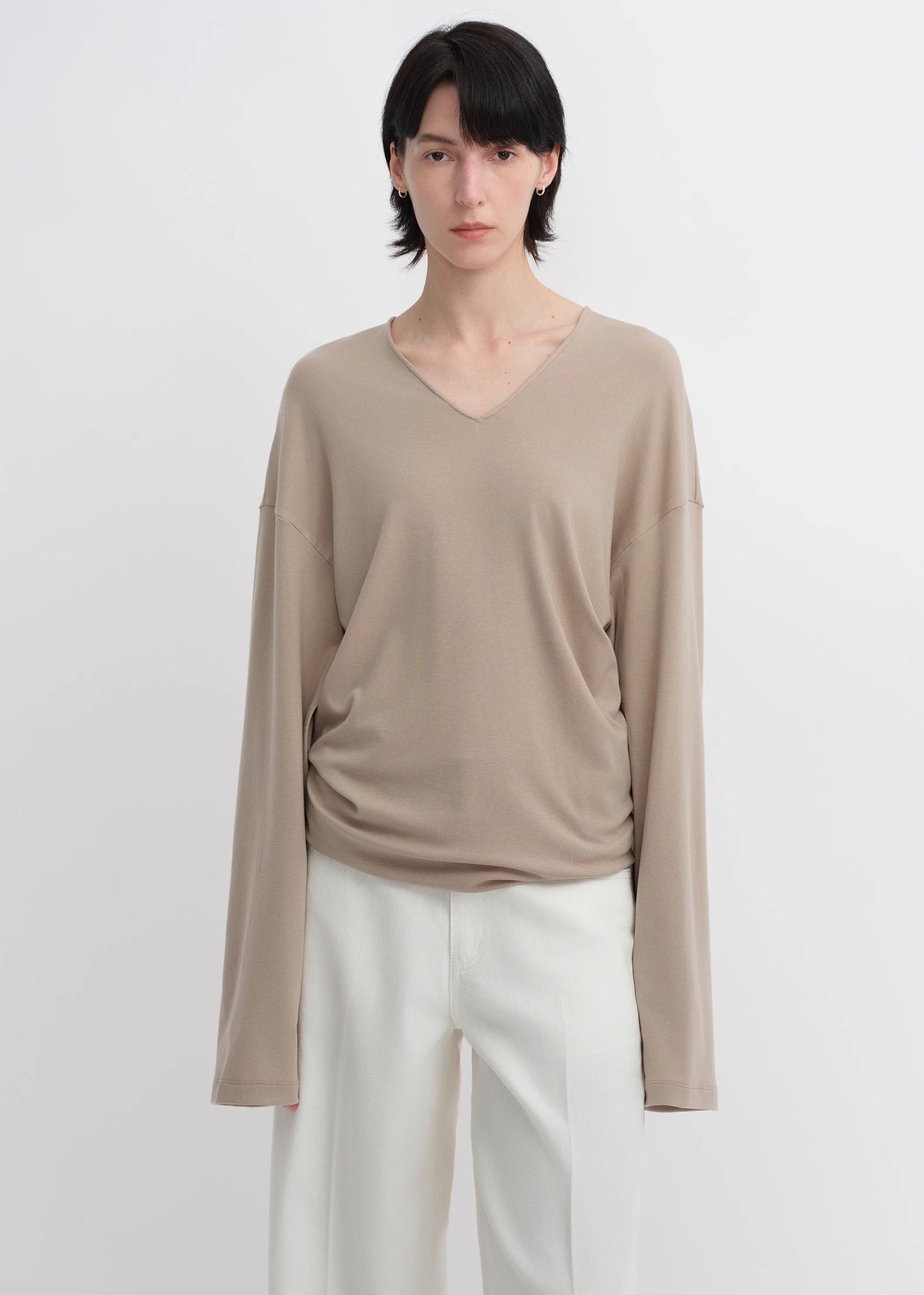 Machine washable Tencel wool V-neck two-wear elastic hem T-shirt bottoming shirt