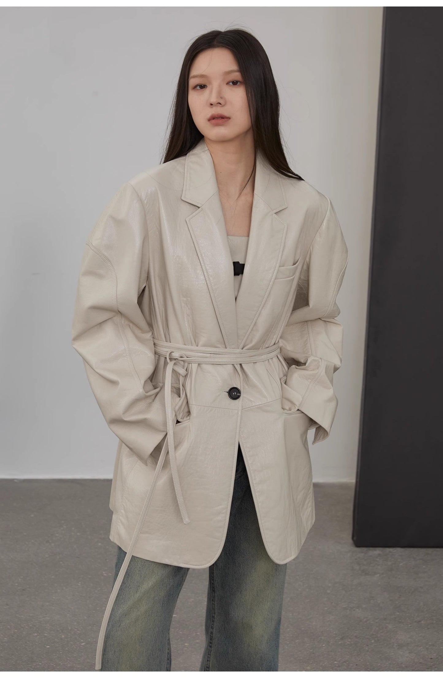 "Dark Side of the Moon"Imported wide-shoulder lightweight lace-up suit leather jacket textured genuine leather jacket