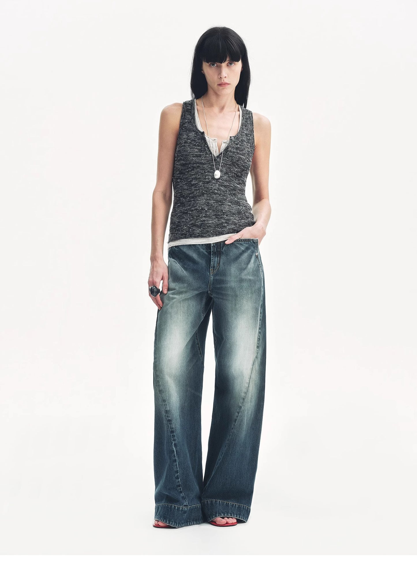 "Summer Night Starry Sky" Cotton and Linen Blended Henley Collar Beaded Vest Summer