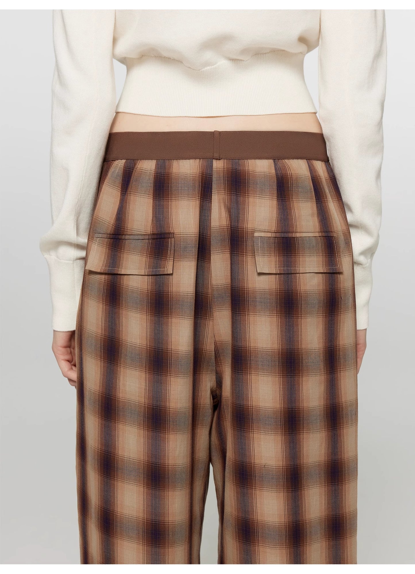 "Patchwork Street Corner" Dyed Retro Plaid Casual Pants for Women, Elastic Waist, Straight-Leg, Wide-Leg Long Trousers