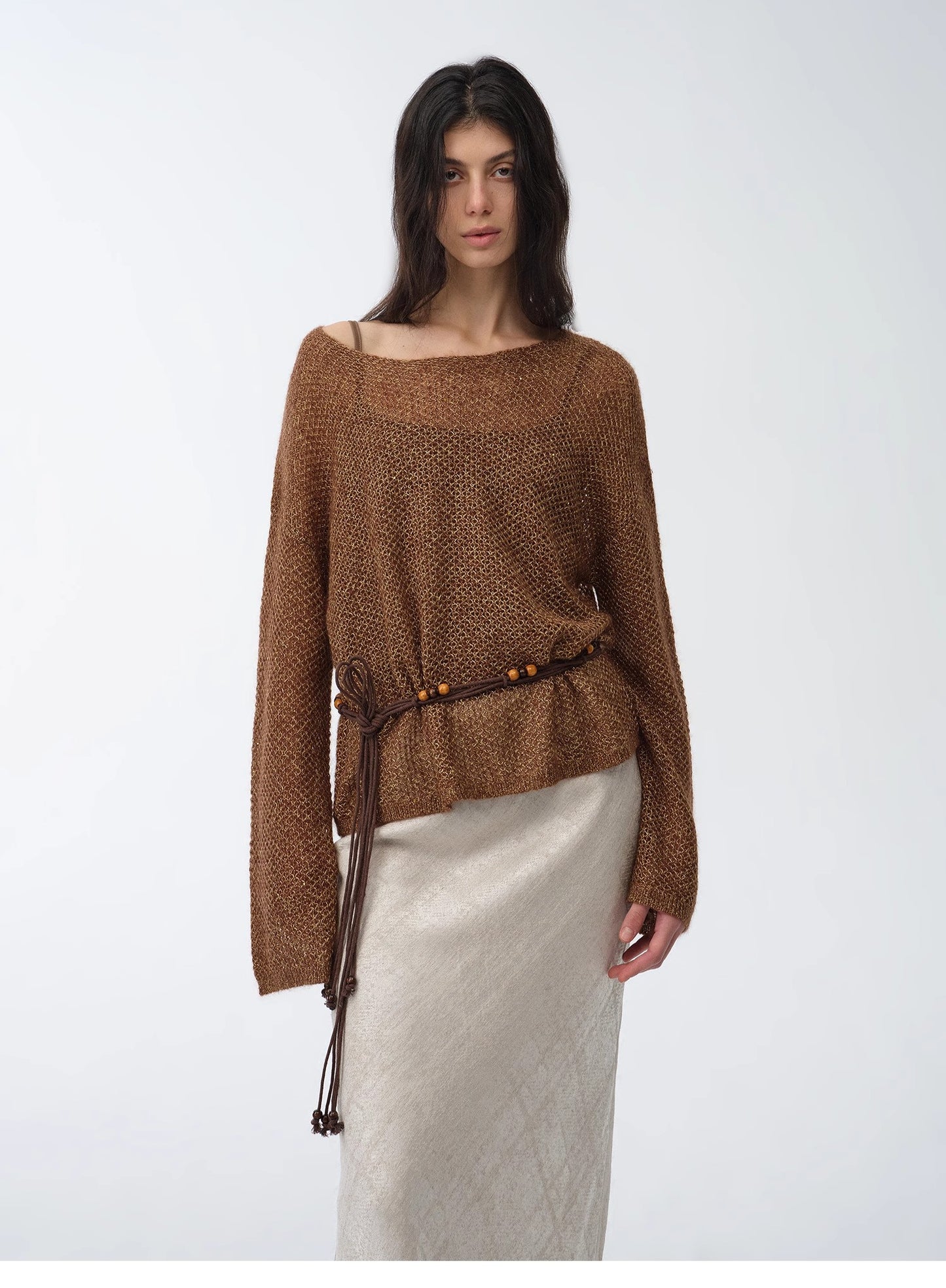 "Sparkling Spring" Mohair Blended Fancy Yarn Boat Neck Sequin Hollow Sweater Top