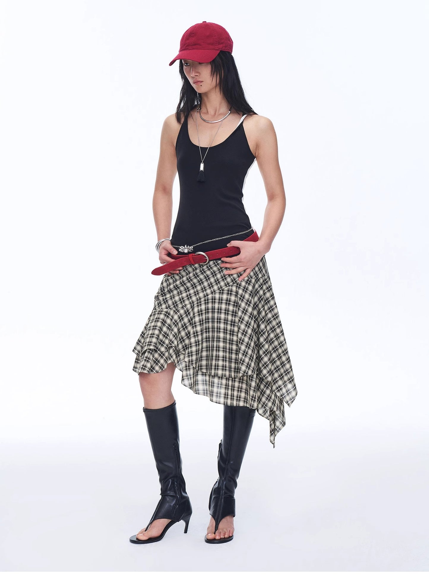 "Full-level ballet" Tencel acetate plaid irregular A-line skirt