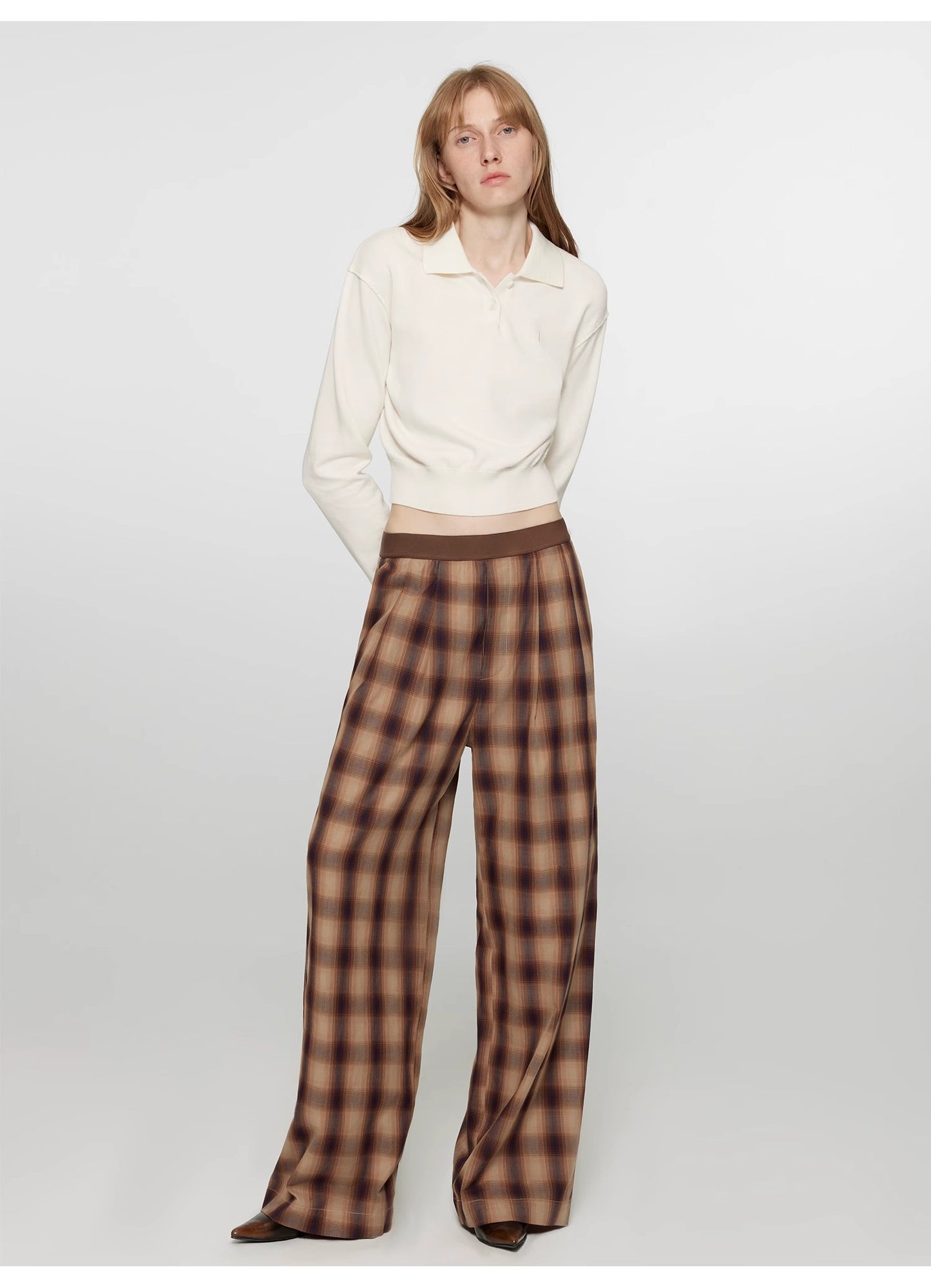 "Patchwork Street Corner" Dyed Retro Plaid Casual Pants for Women, Elastic Waist, Straight-Leg, Wide-Leg Long Trousers