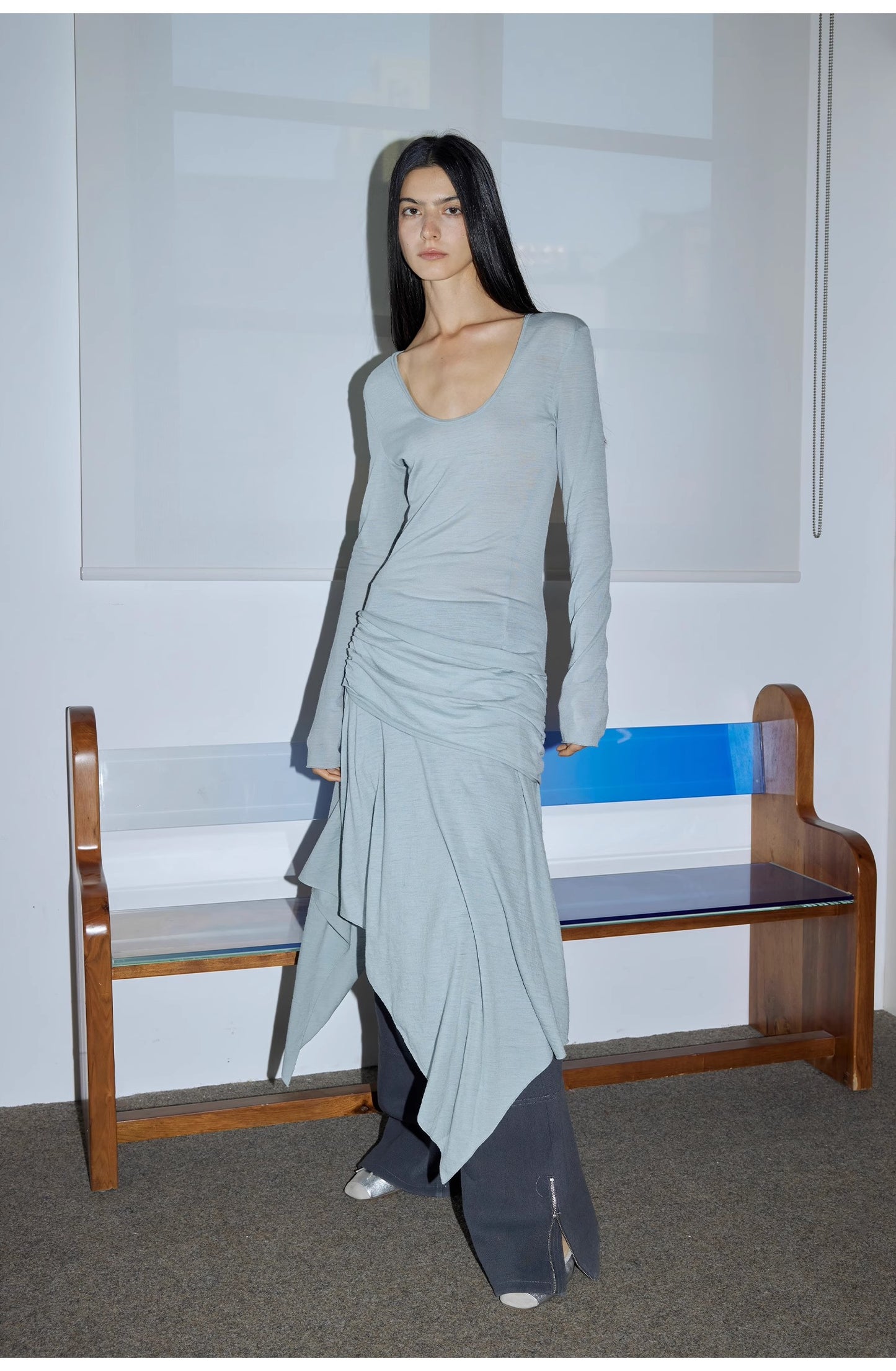"Dreamy Ball" Lightweight and Breathable 100% Wool / U-neck Irregular Hem Long Dress for Women