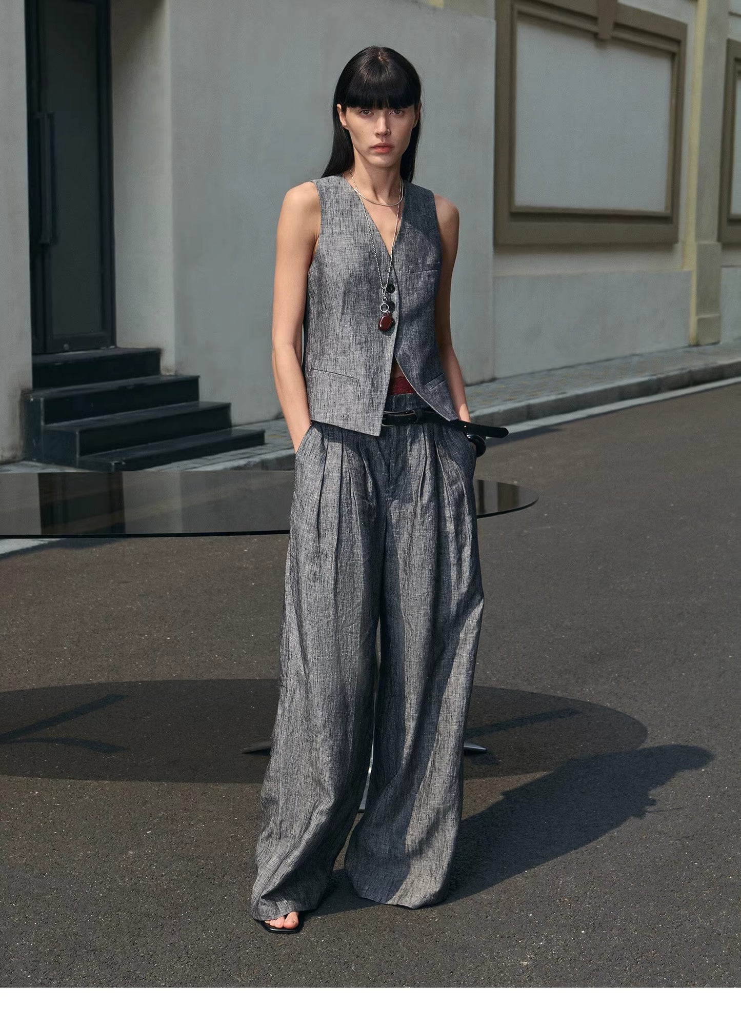"Old Money Space" Linen draped vest and straight trousers suit