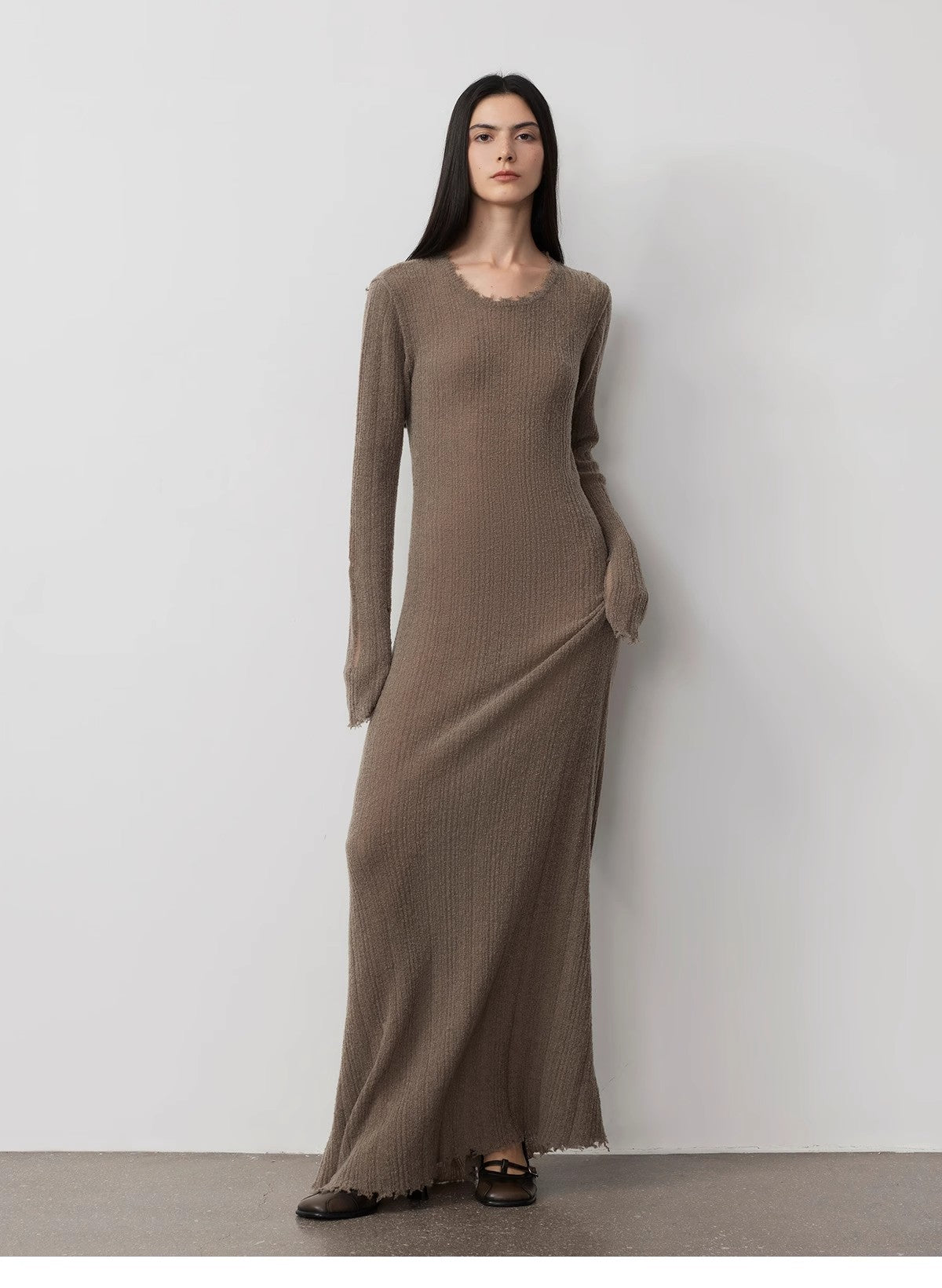 Wool looped yarn raw edge ripped and drapey long dress with a slim fit