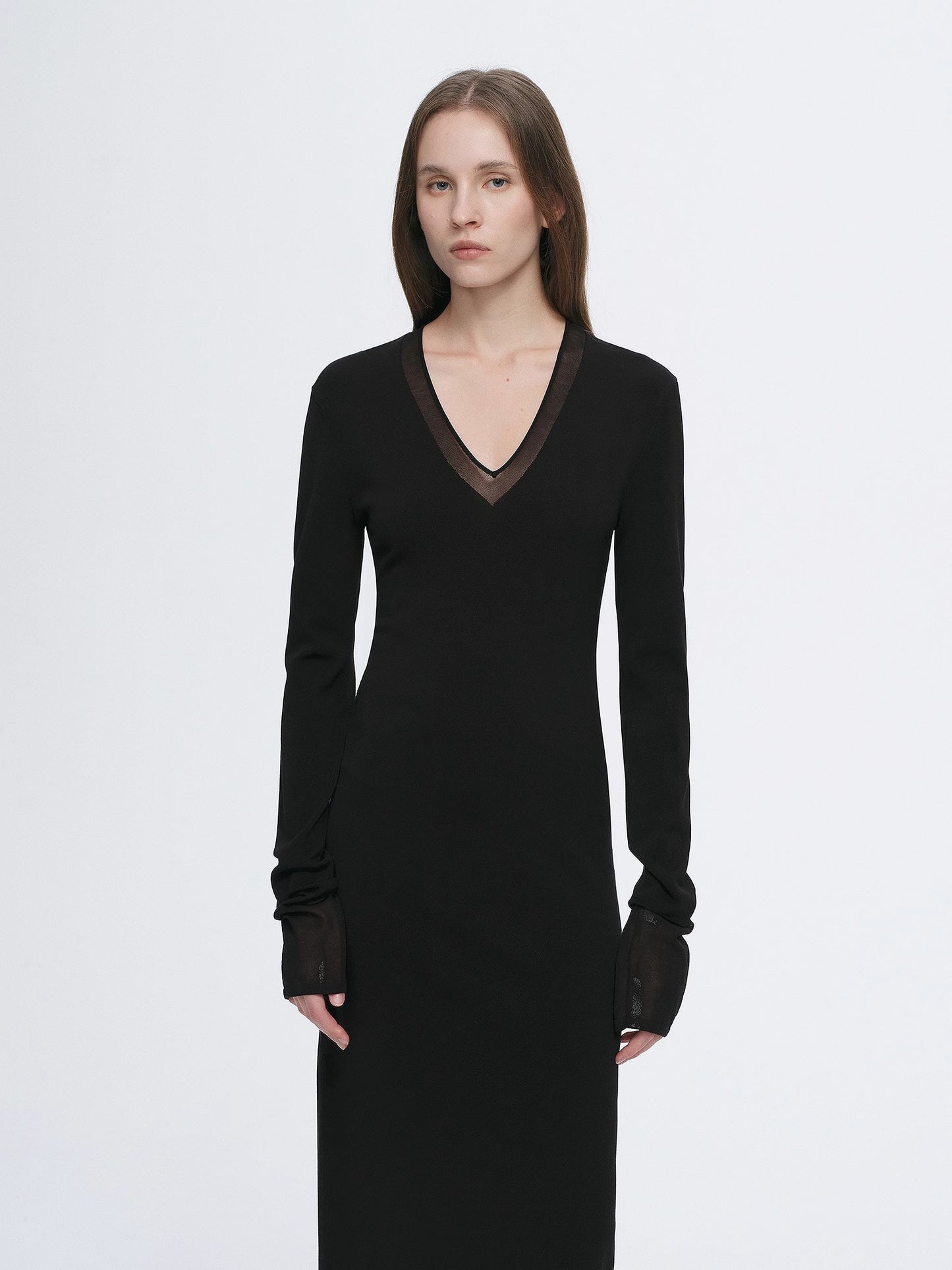 Elegant and intellectual triacetate Tencel blended skin-friendly transparent splicing design V-neck dress