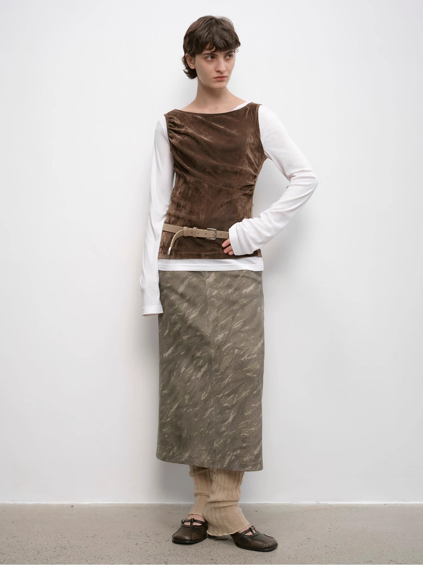 "Thousand Layers of Echoes" Chenille Original Print Camouflage Retro Distressed Straight Mid-Waist Skirt