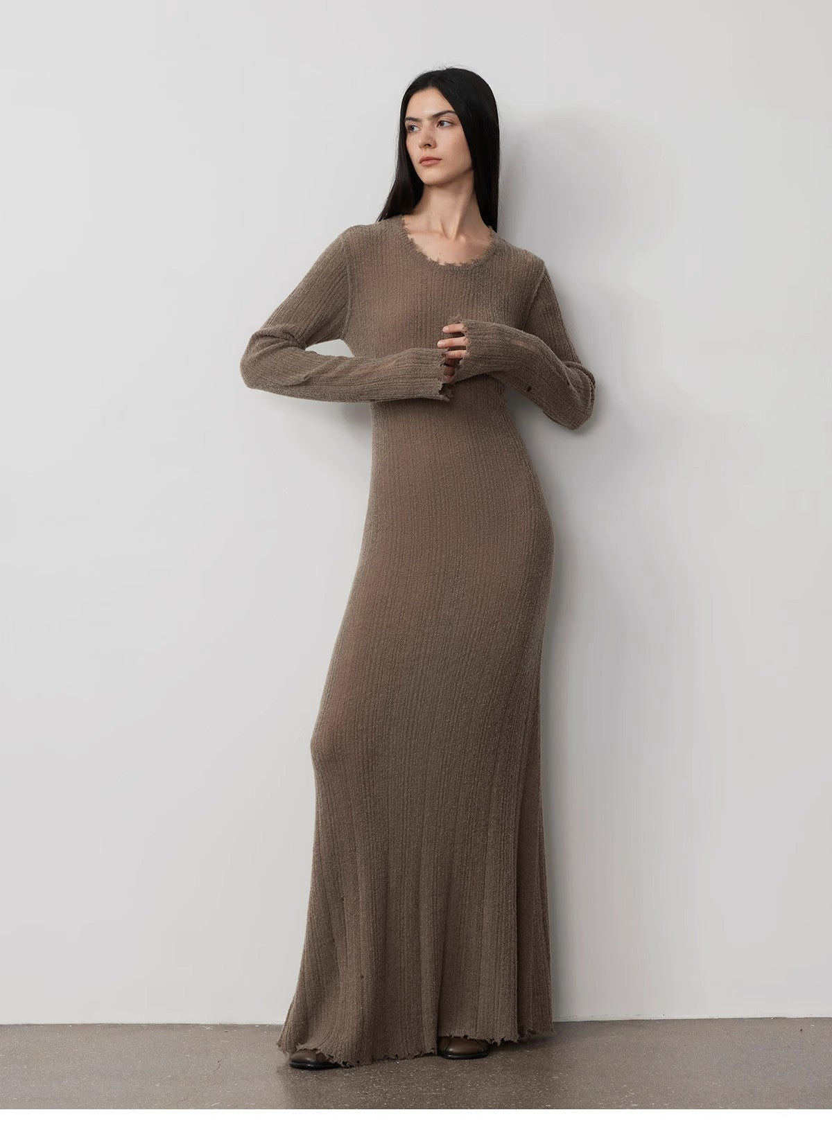 Wool looped yarn raw edge ripped and drapey long dress with a slim fit