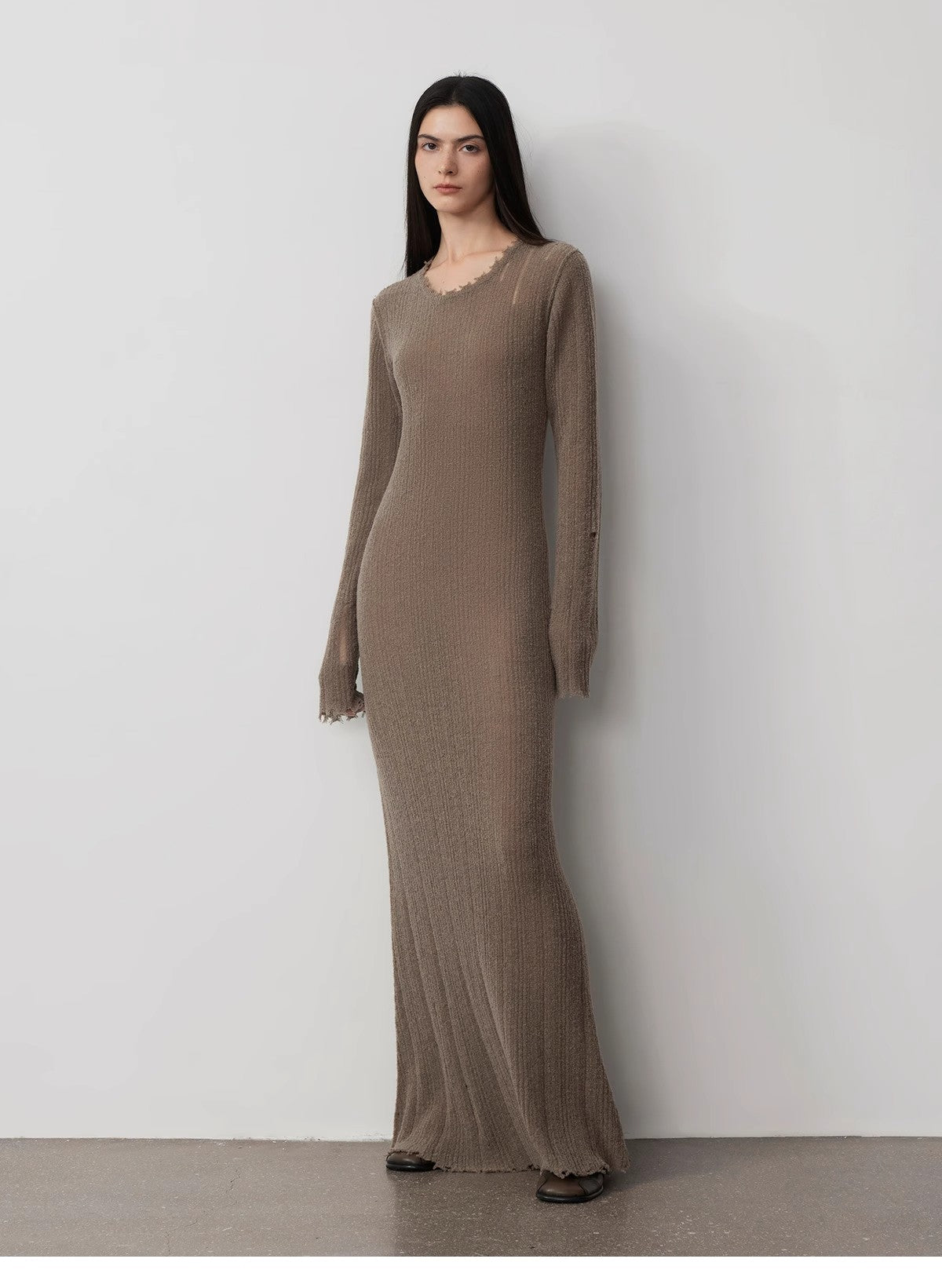 Wool looped yarn raw edge ripped and drapey long dress with a slim fit