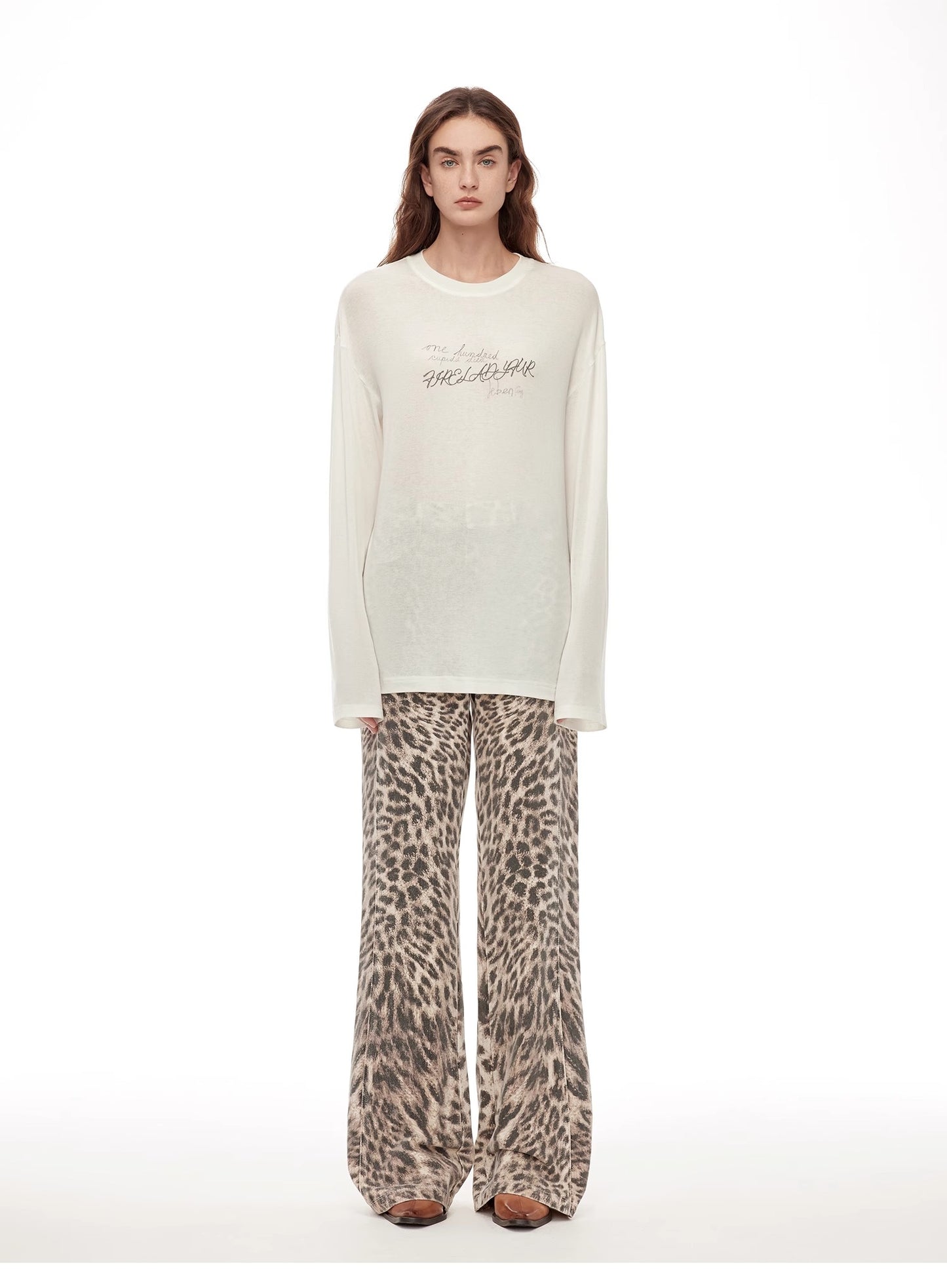 Classic all-match printed round neck slightly loose slim fit draped long sleeve T-shirt