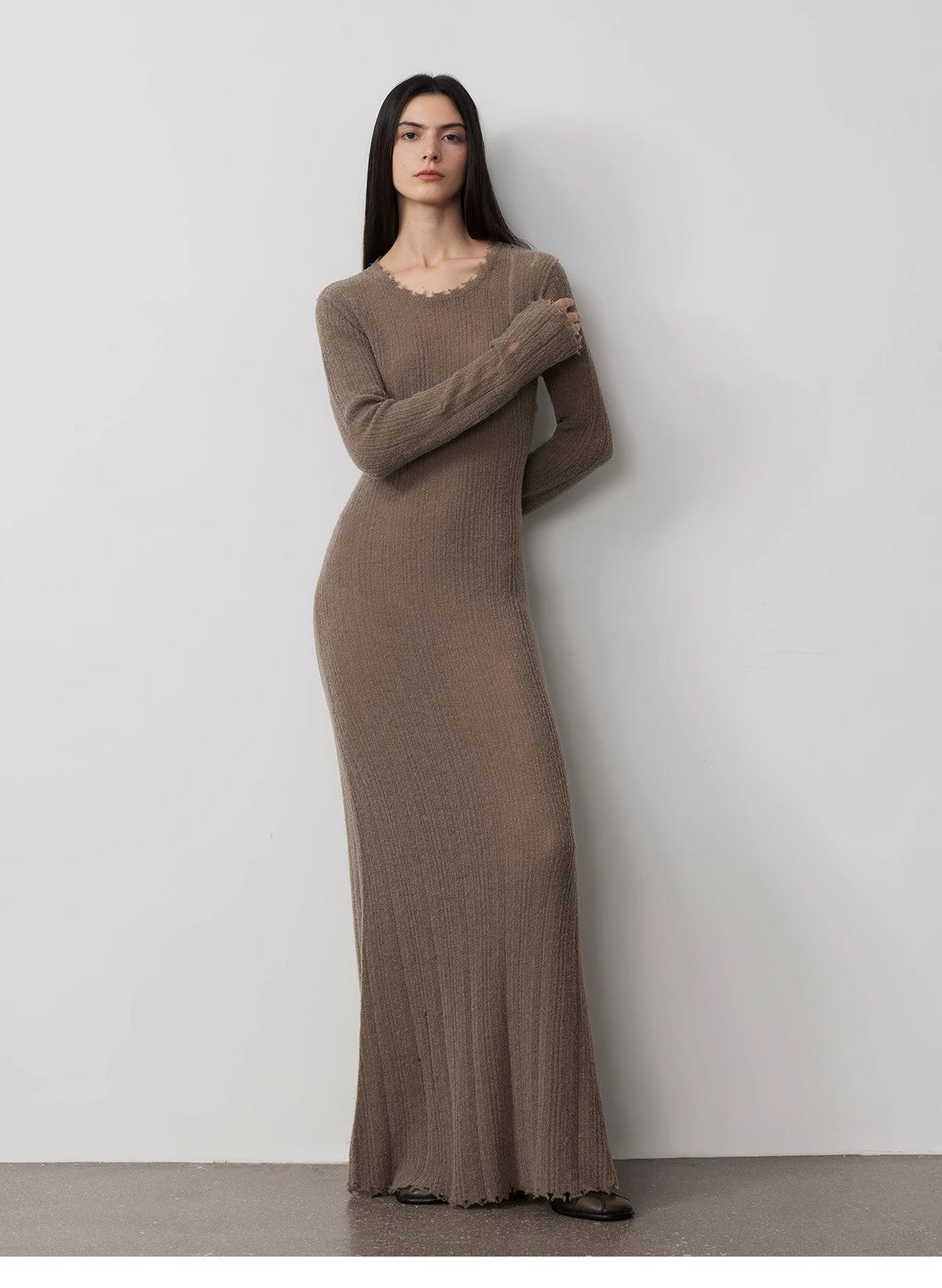 Wool looped yarn raw edge ripped and drapey long dress with a slim fit