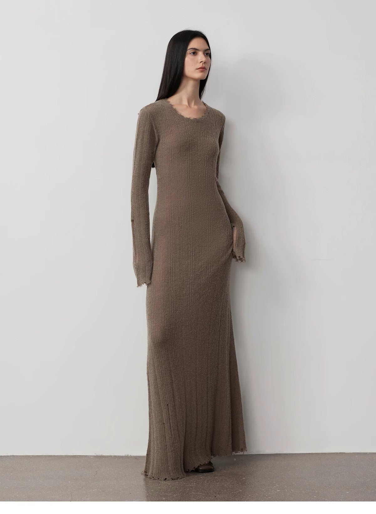 Wool looped yarn raw edge ripped and drapey long dress with a slim fit