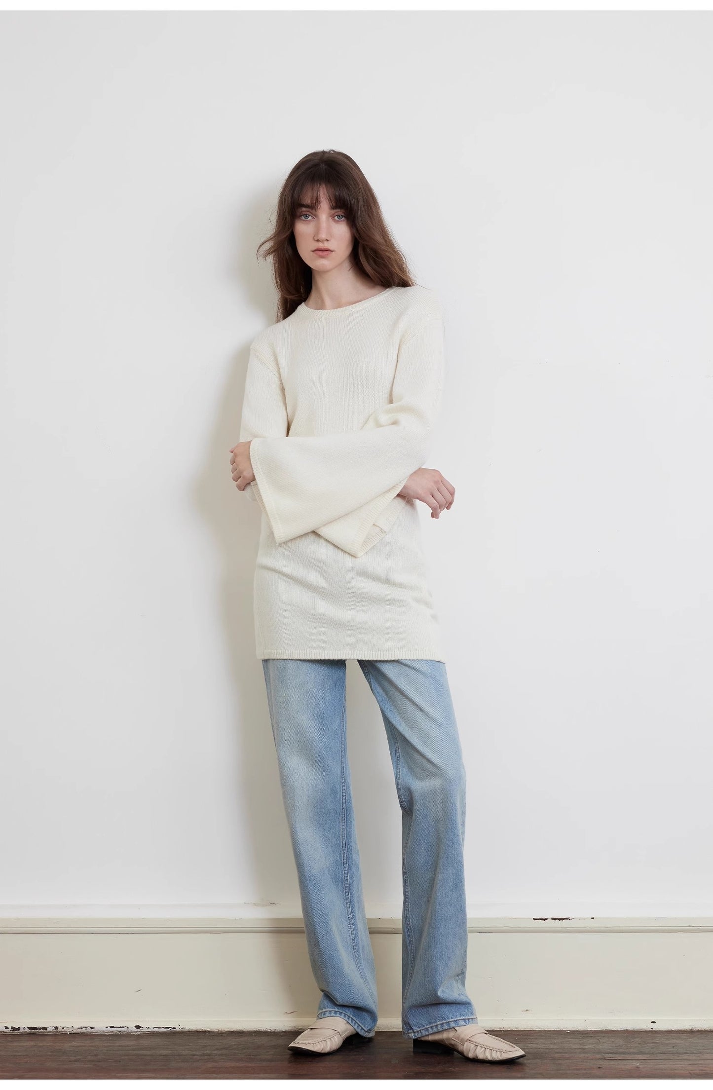 "Autumn Sweet Cheese" merino wool fashionable waist slimming trumpet sleeve sweater for women