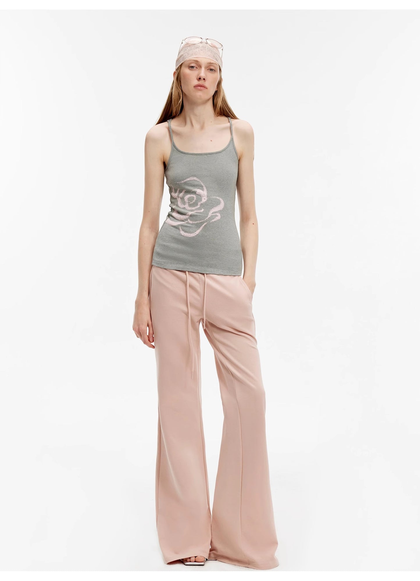 "American High Street" air-spun OE cotton fashionable low-rise fit wide waist drawstring flared pants
