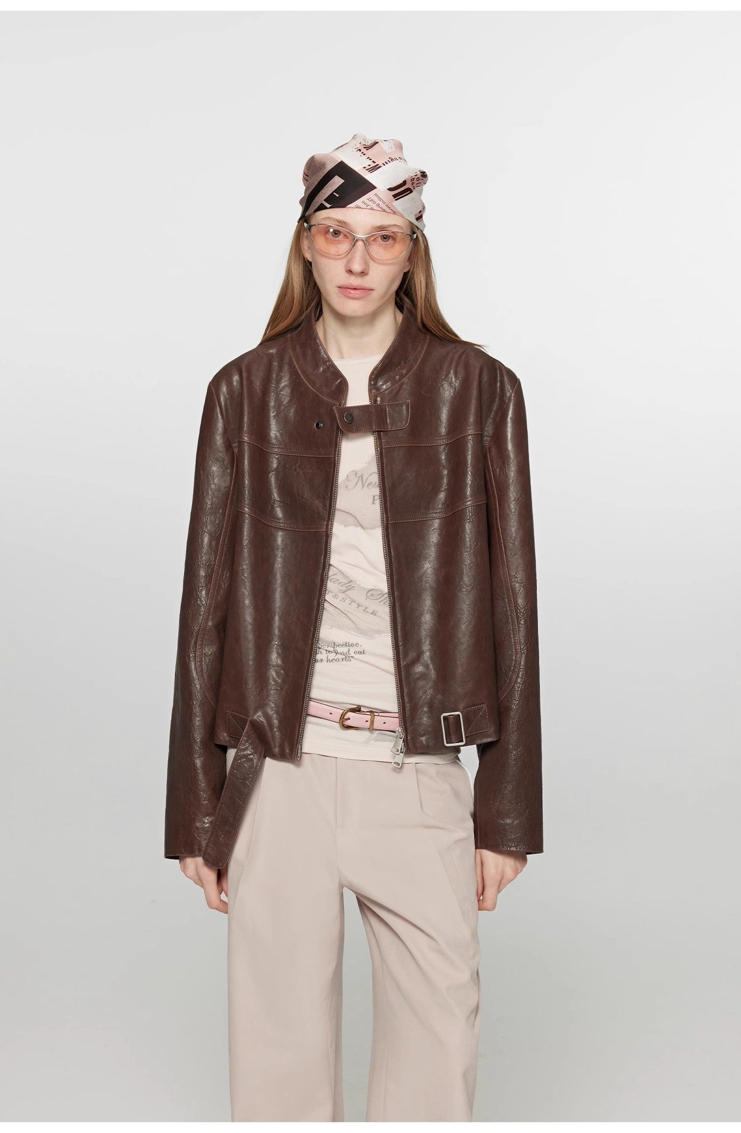 Caramel Mountain Retro Leather Stand Collar Short Motorcycle Jacket