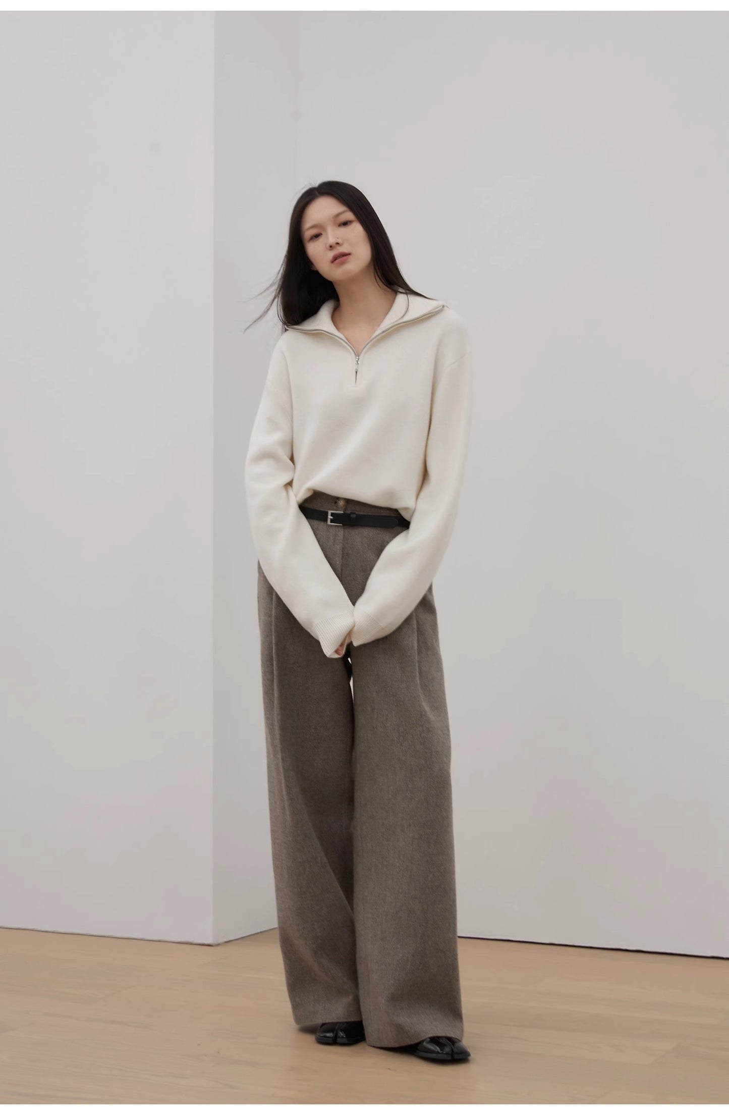 "Moonlight Farm" Merino wool lazy loose pullover sweater women's zipper turtleneck sweater