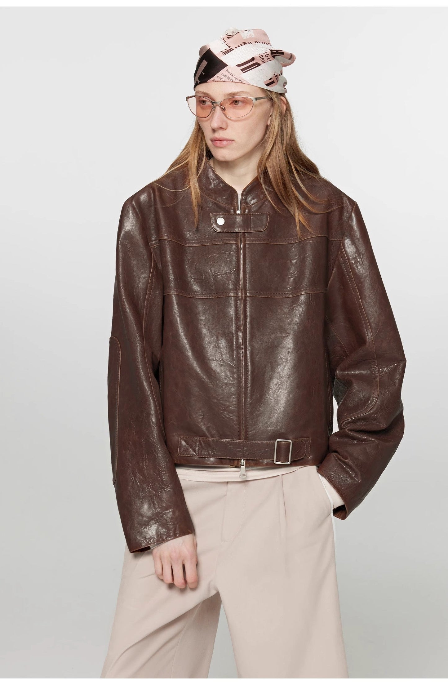 Caramel Mountain Retro Leather Stand Collar Short Motorcycle Jacket