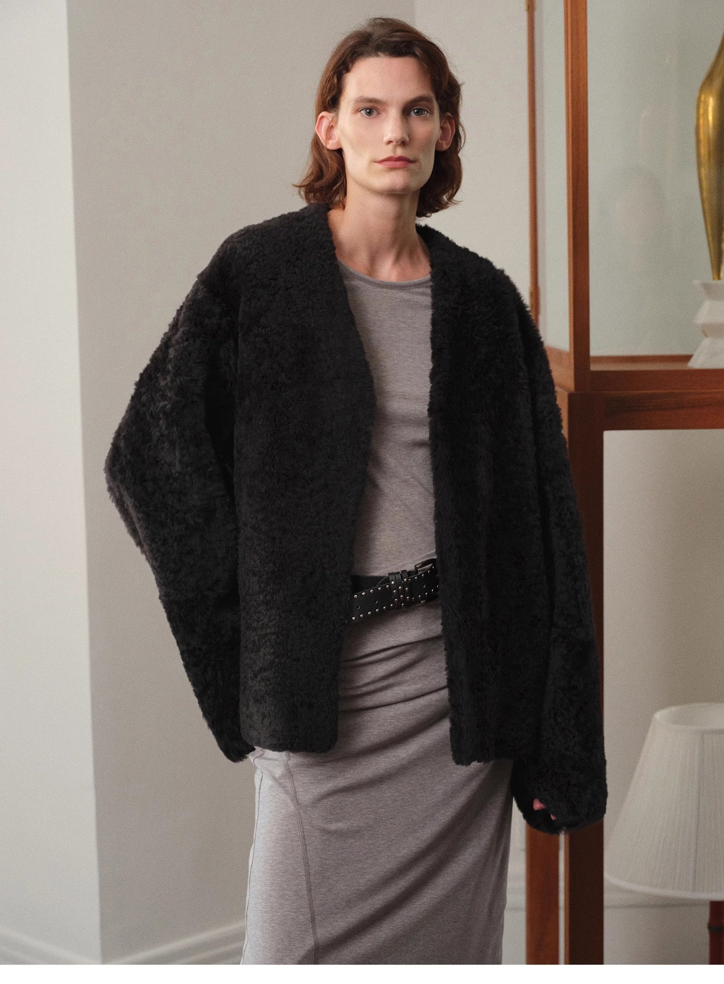 "Paris Night" luxury lightweight v-neck mid-length imported ragone sheepskin fur coat