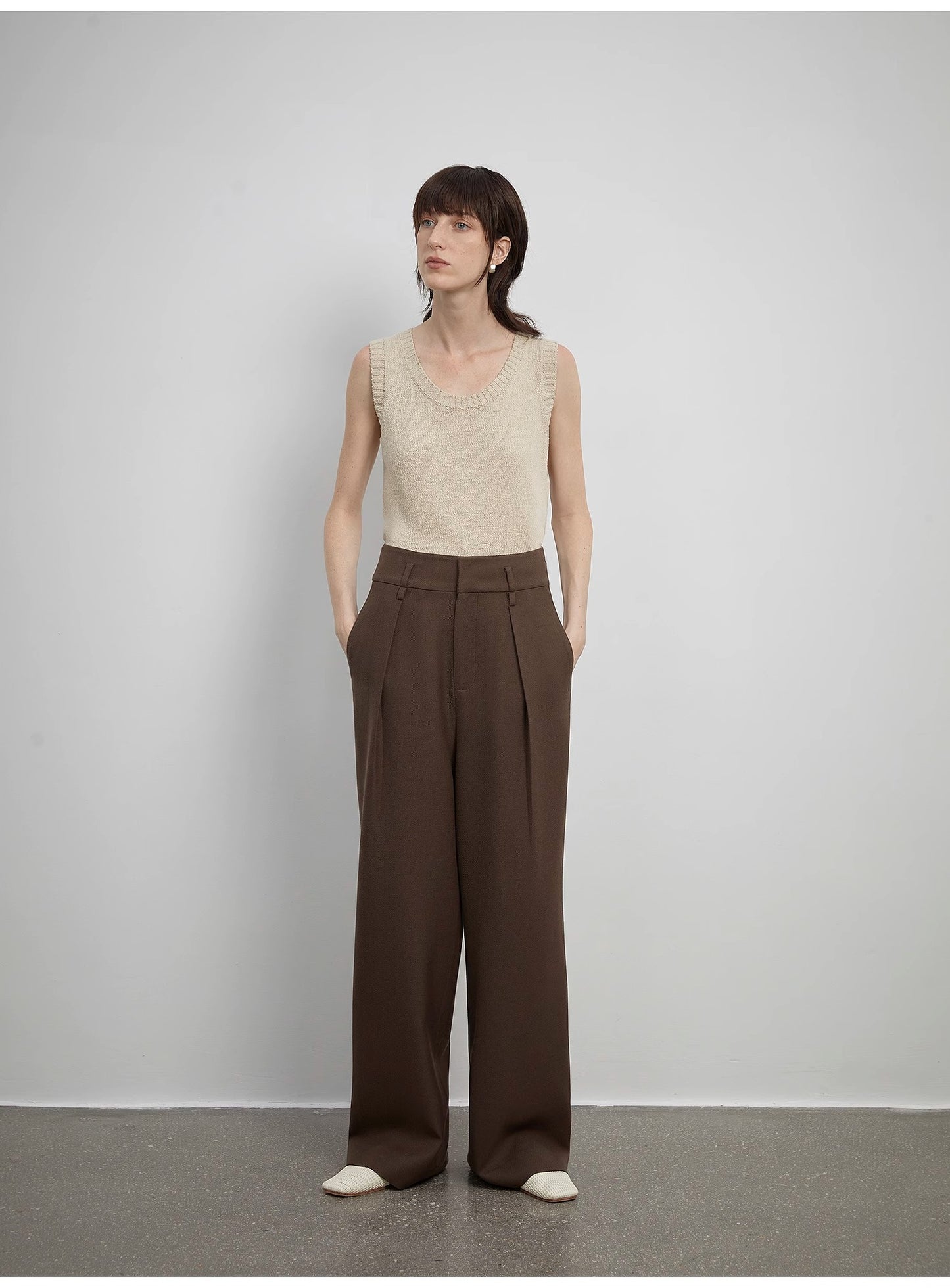 Women's white straight casual wide waist drape floor-length wide leg pants