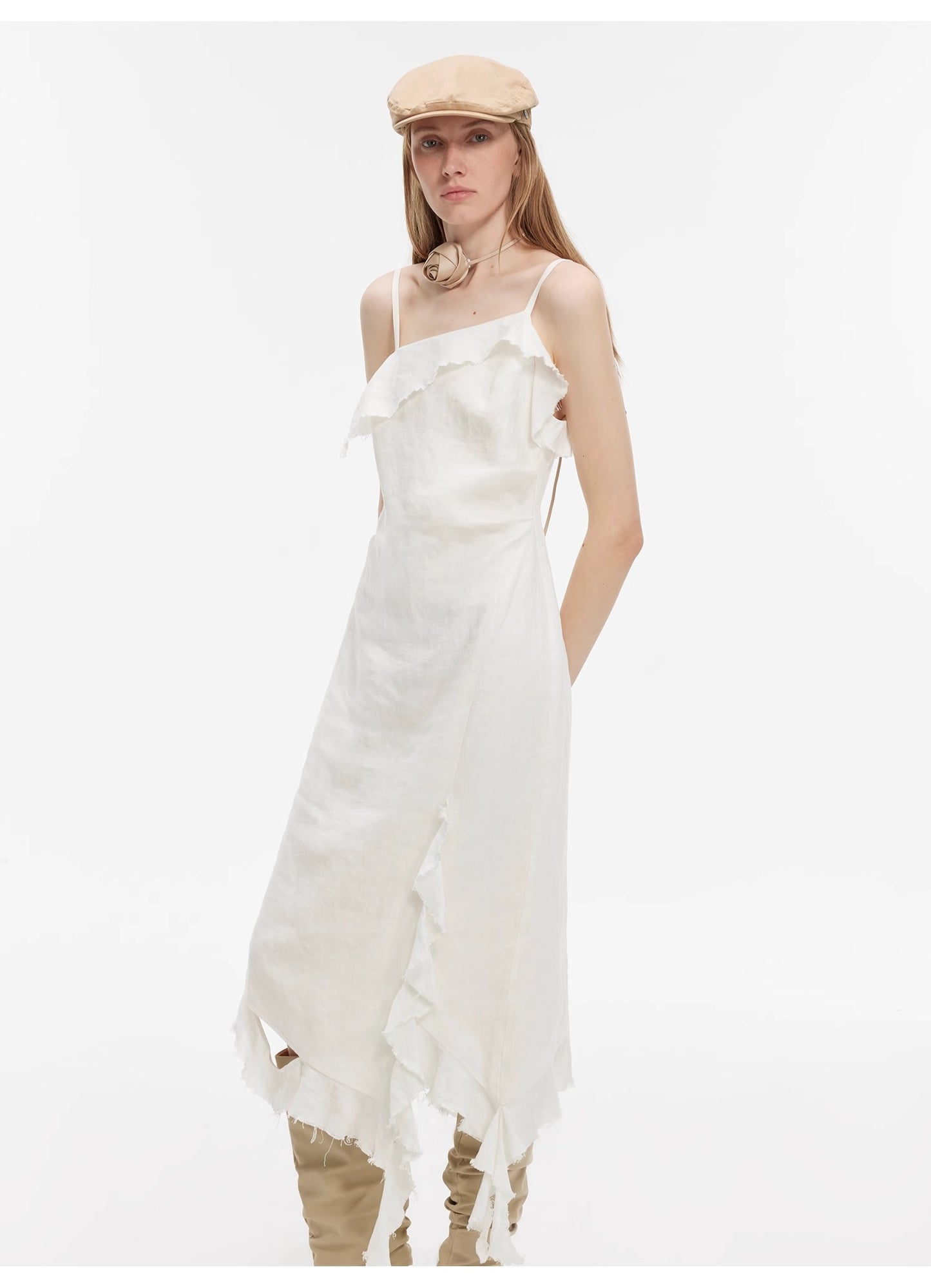 "Summer Whisper" Sand-washed Linen Sling Ruffled Irregular Fit Sling Dress