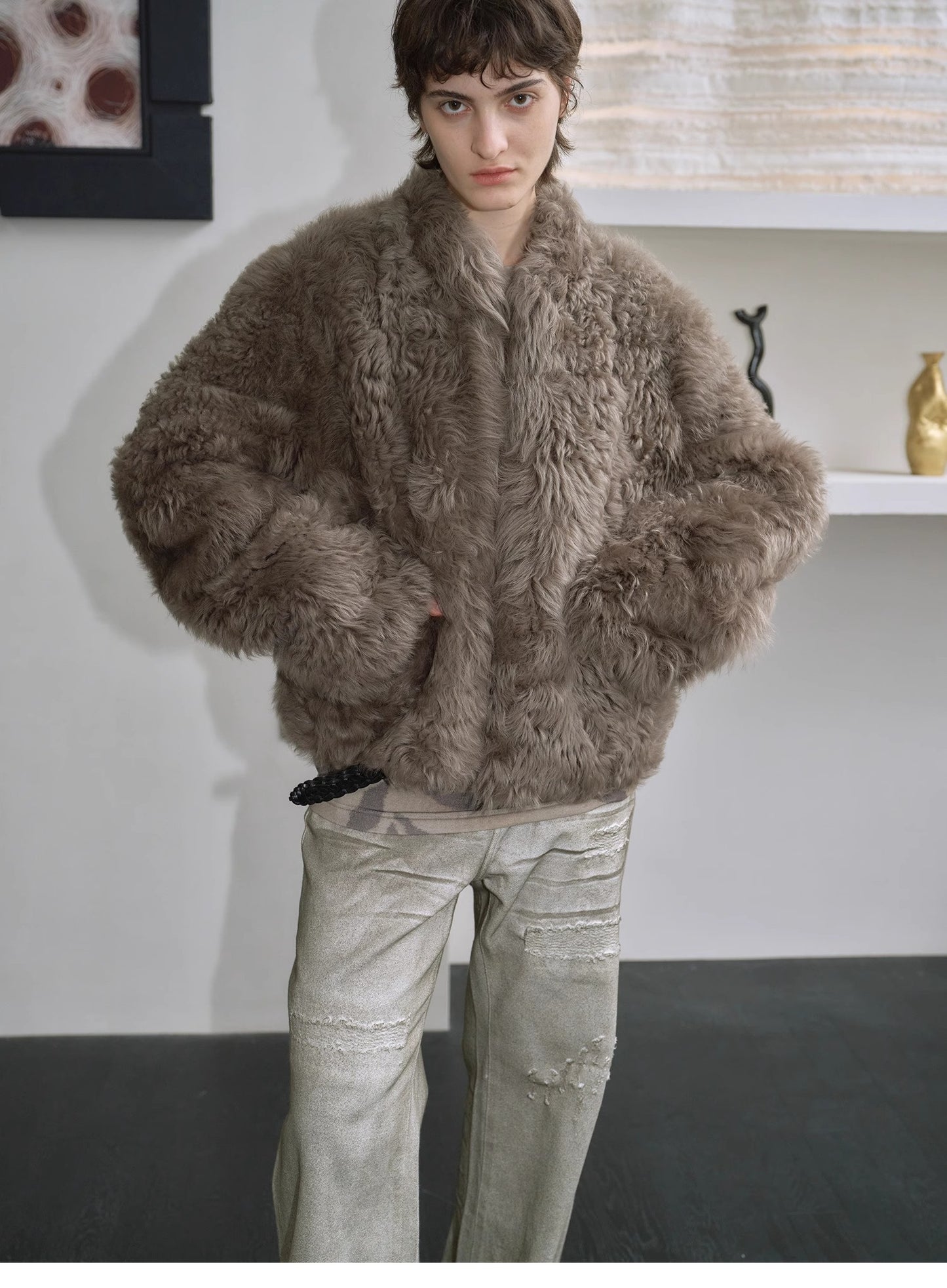 "Autumn Basel" imported Tuscan sheepskin half-roll short casual fur coat