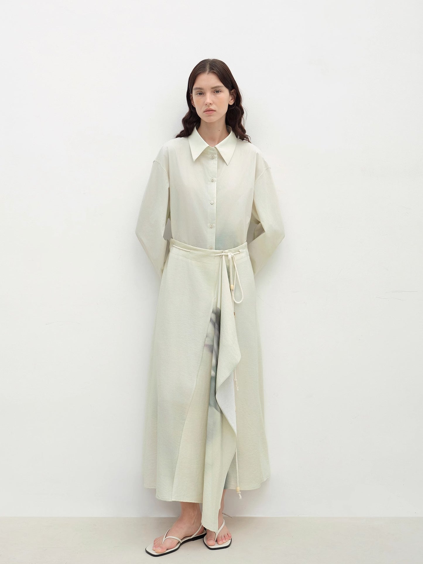 "Green Time" lapel side slit two-wear cotton printed shirt