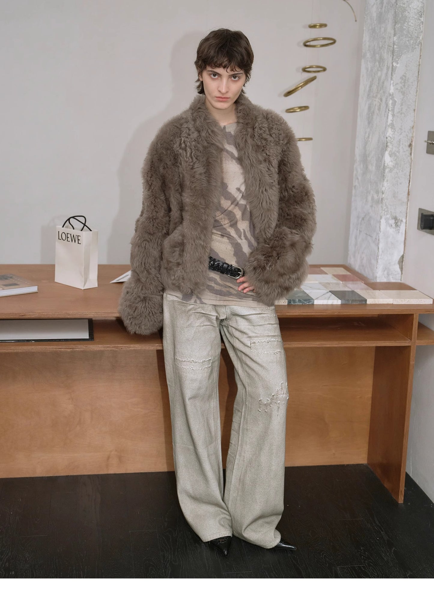 "Autumn Basel" imported Tuscan sheepskin half-roll short casual fur coat