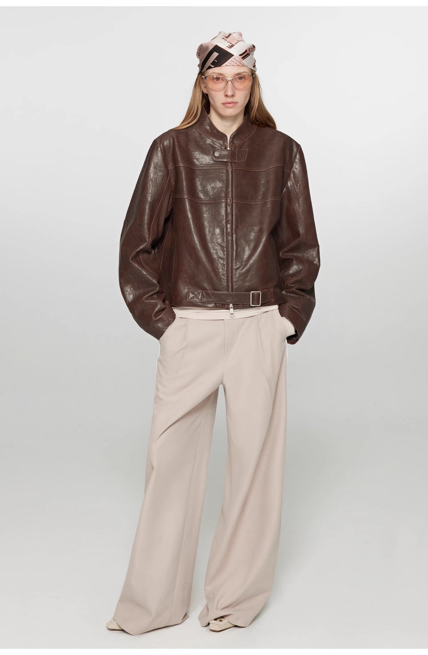 Caramel Mountain Retro Leather Stand Collar Short Motorcycle Jacket