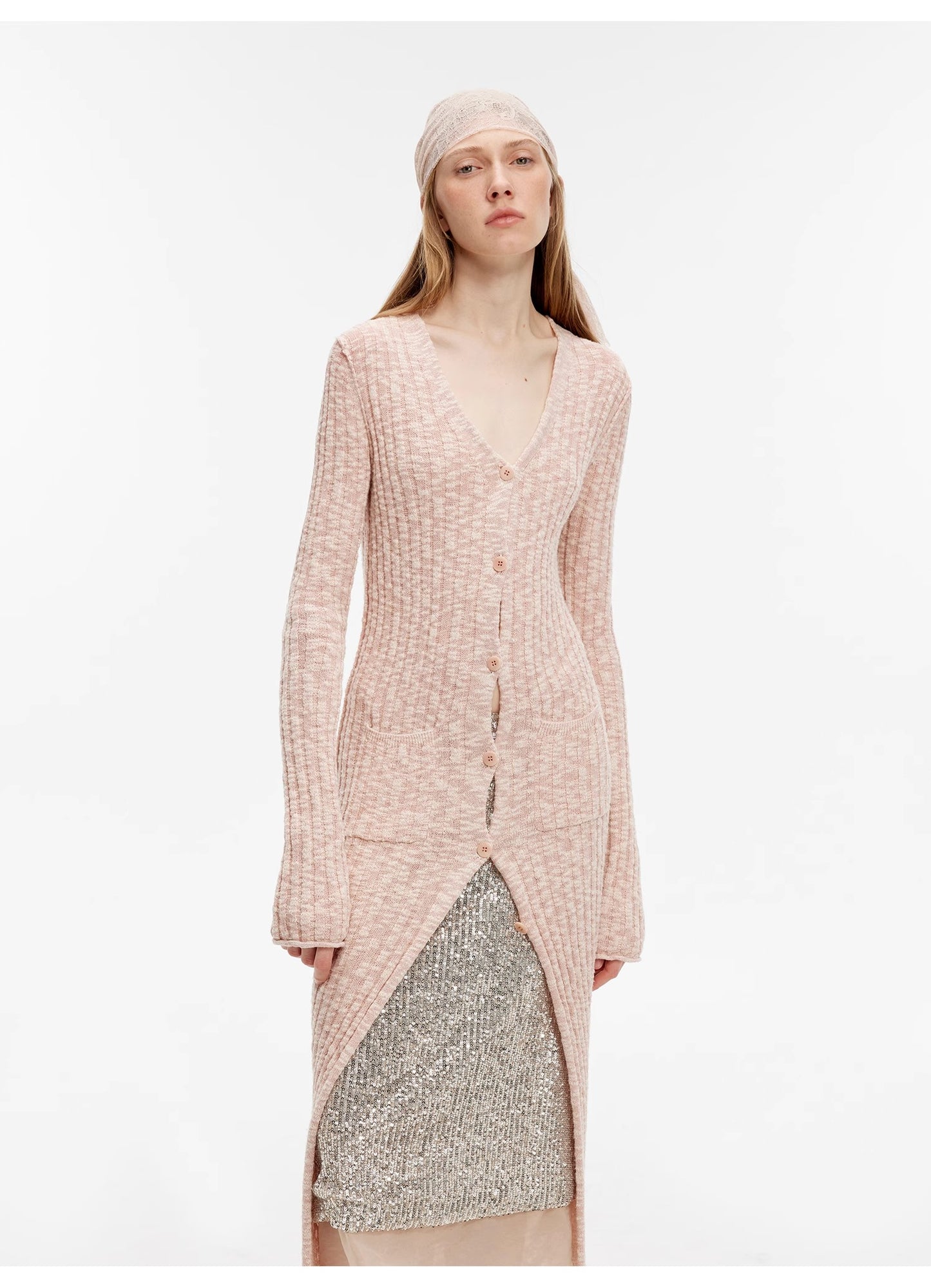 "Soft Spring Formula" Luxury brand same version cotton and linen fancy yarn knitted V-neck curling design straight long cardigan