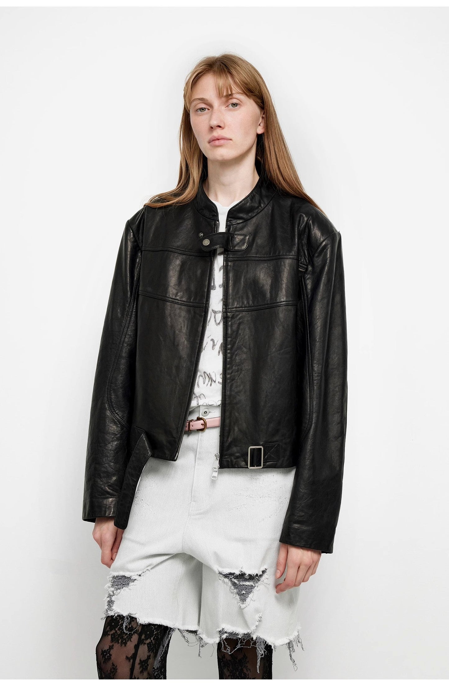 Caramel Mountain Retro Leather Stand Collar Short Motorcycle Jacket