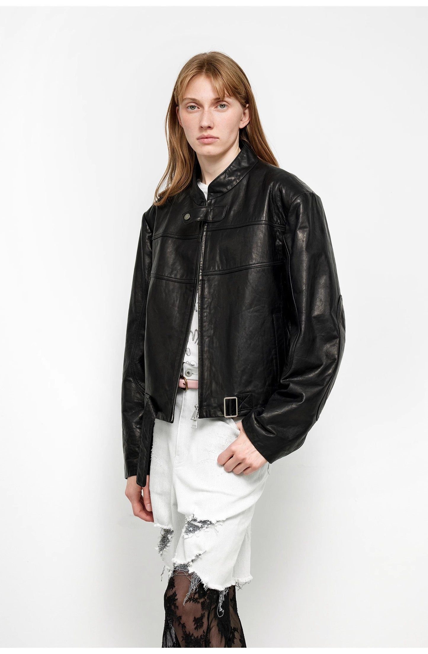 Caramel Mountain Retro Leather Stand Collar Short Motorcycle Jacket