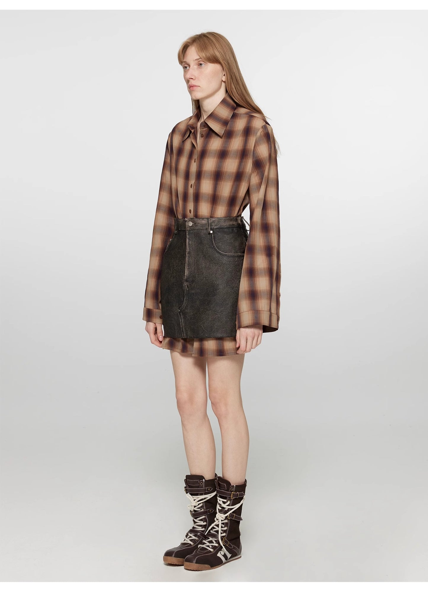"Tea Grid" high-quality high-count cotton loose retro plaid shirt