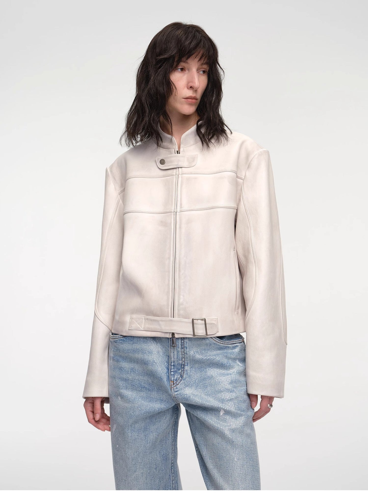 Caramel Mountain Retro Leather Stand Collar Short Motorcycle Jacket