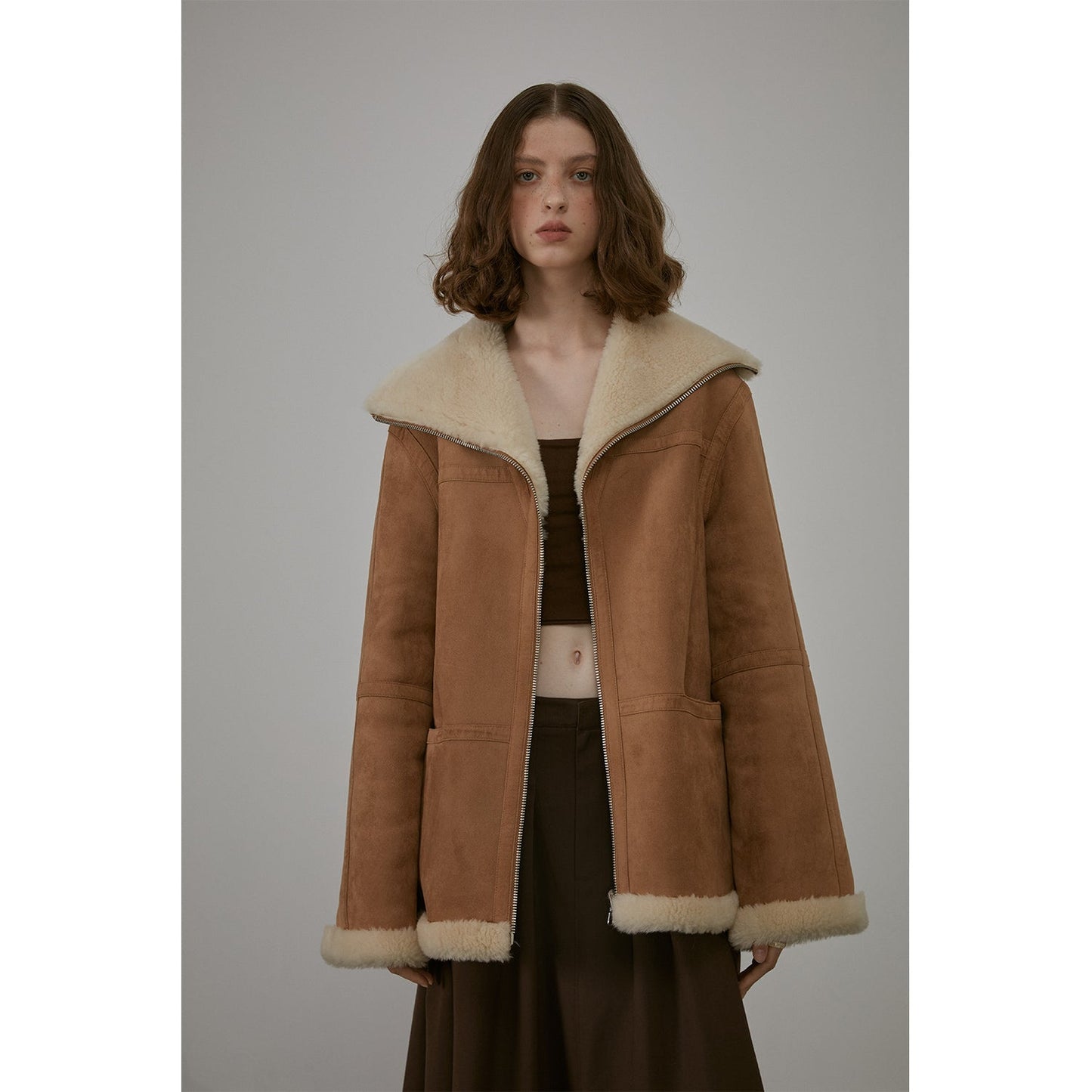 “August Night”Wool Artificial Compound Leather Reversible Shearling Jacket