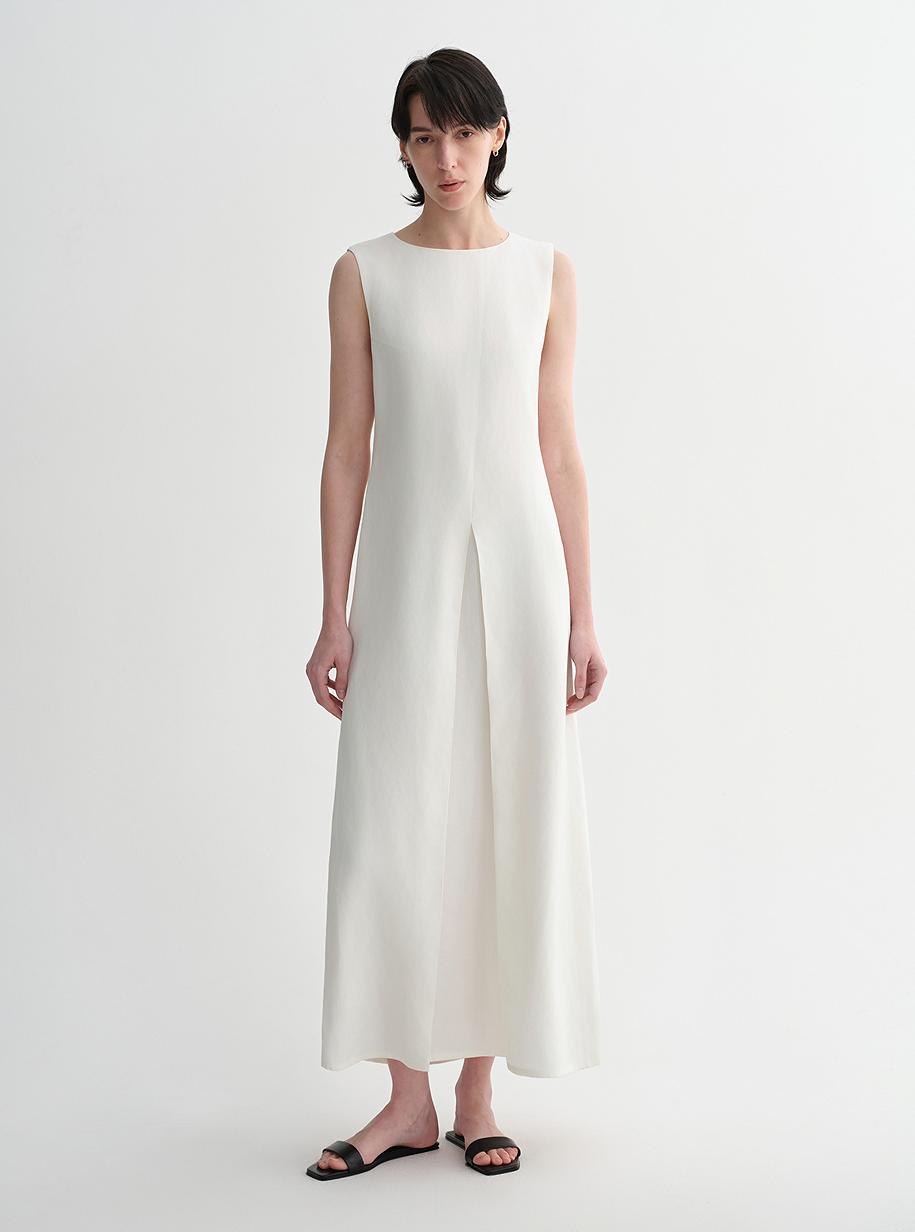 Mulberry silk sleeveless round neck oblique pleated A-line white dress