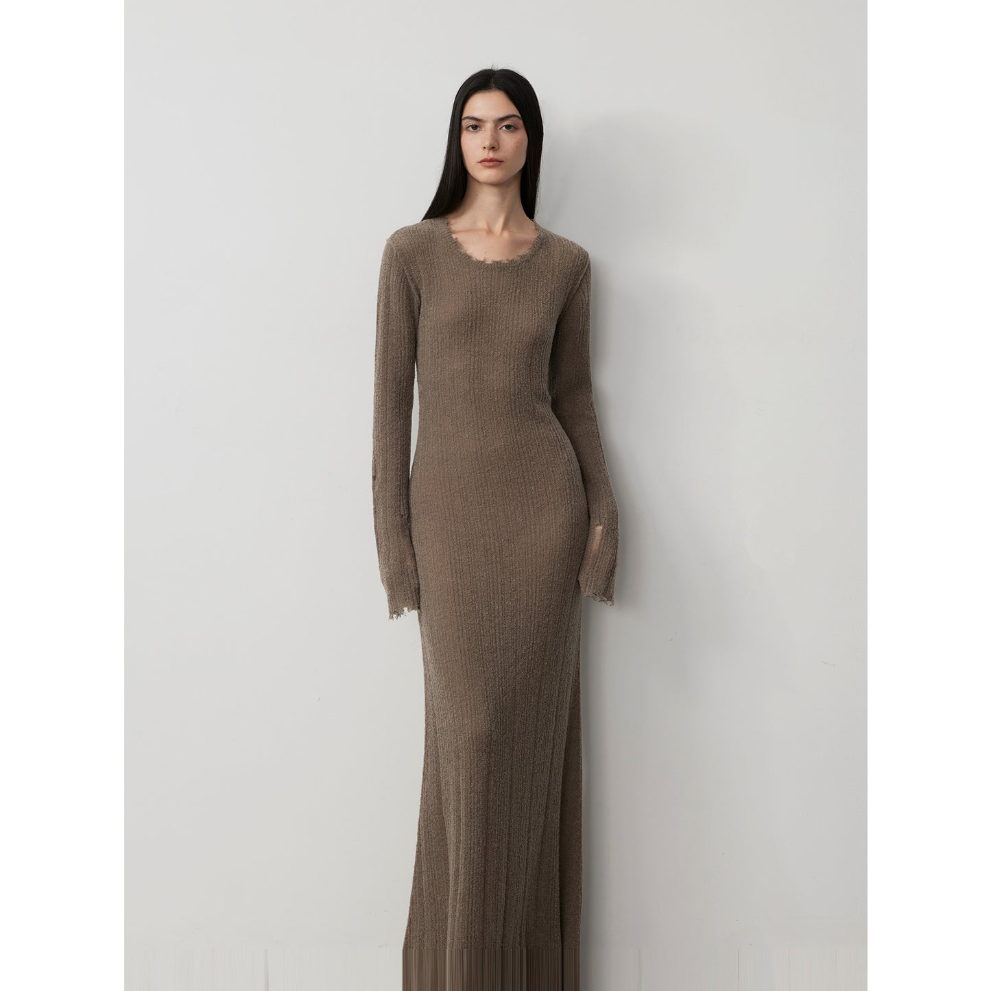 Wool looped yarn raw edge ripped and drapey long dress with a slim fit