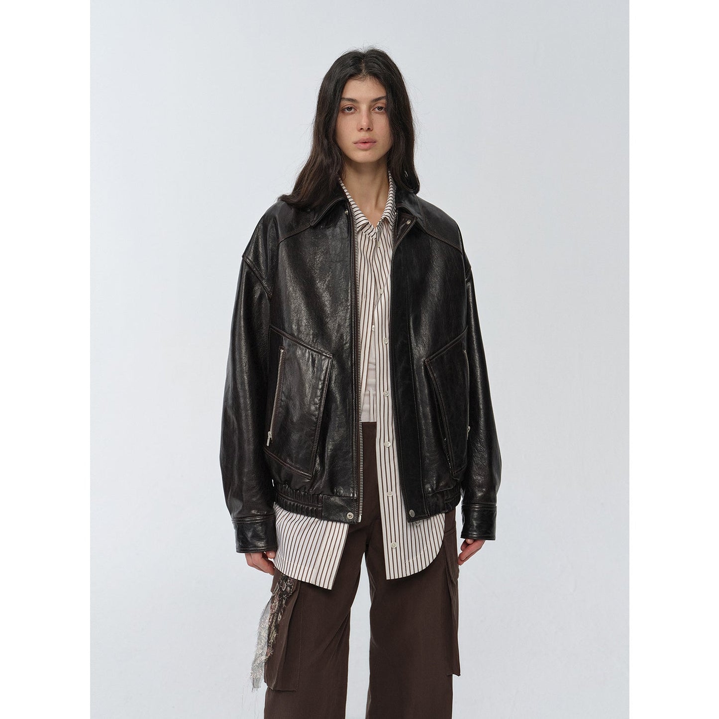 "New York International Student" Retro and fashionable imported waxed  leather bomber jacket