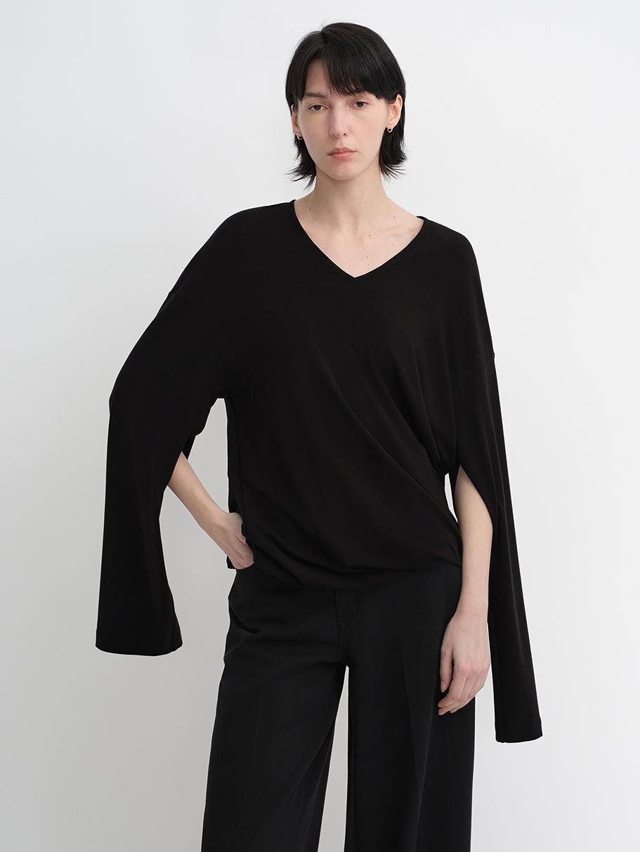Machine washable Tencel wool V-neck two-wear elastic hem T-shirt bottoming shirt