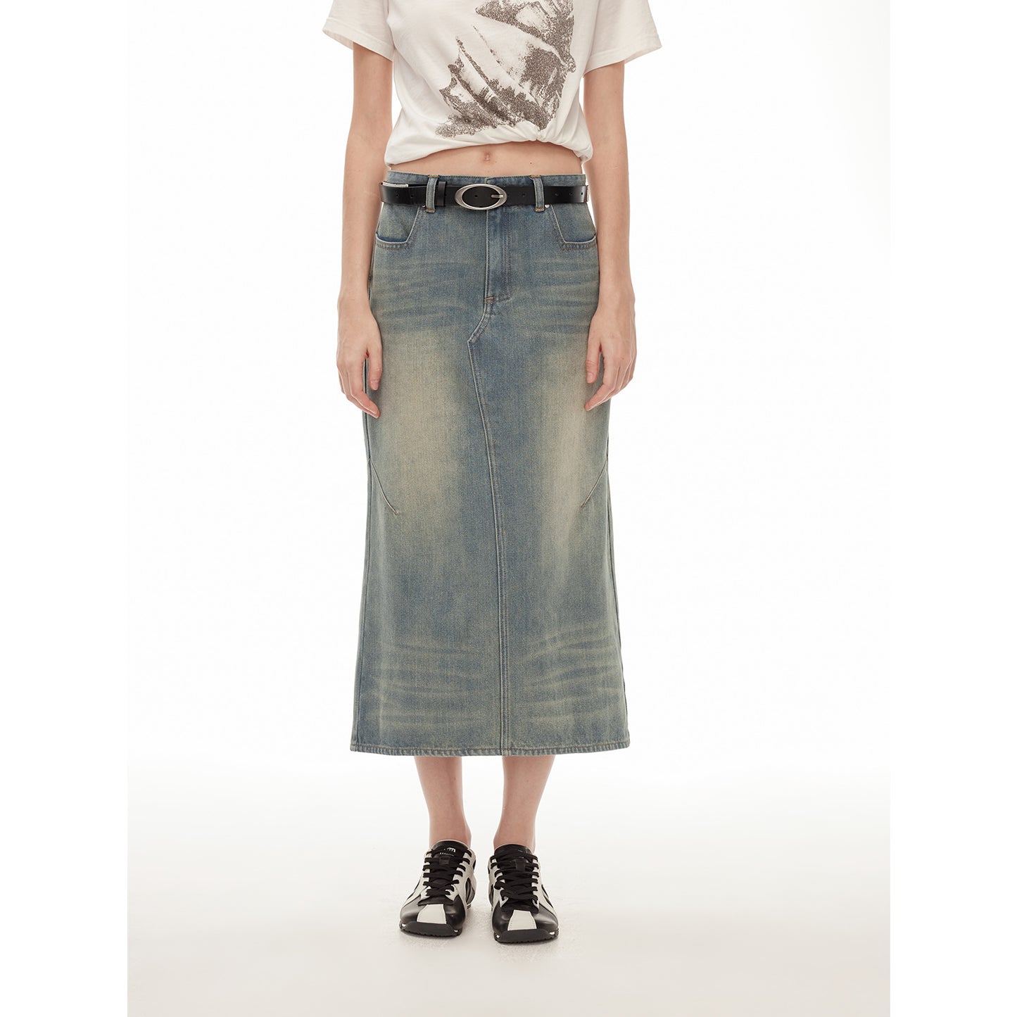 "Dawn Denim" retro old enzyme washed mid-low waist slim fishtail flared slim denim skirt
