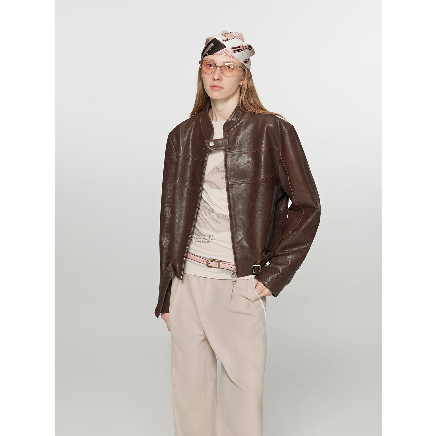 Caramel Mountain Retro Leather Stand Collar Short Motorcycle Jacket
