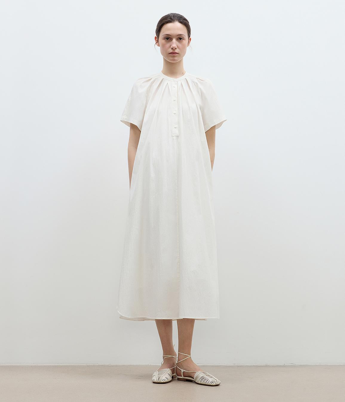 "First Love Island" Cotton Stand Collar Pleated Short Sleeve Shirt Dress for Women